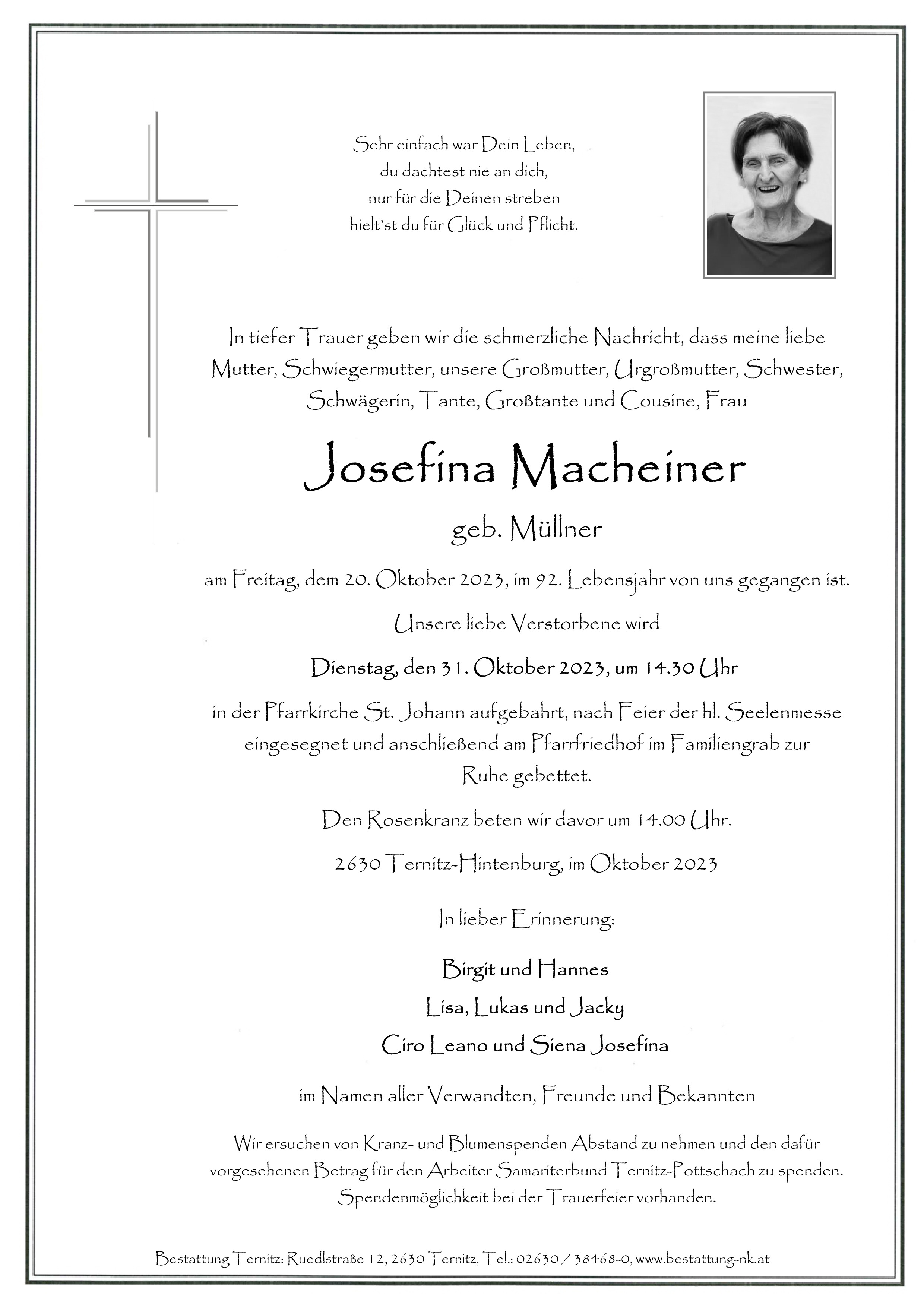 Traueranzeige von Josefina Macheiner