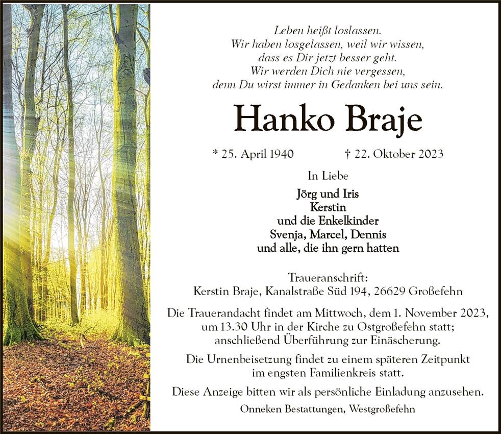 Traueranzeige von Hanko Braje