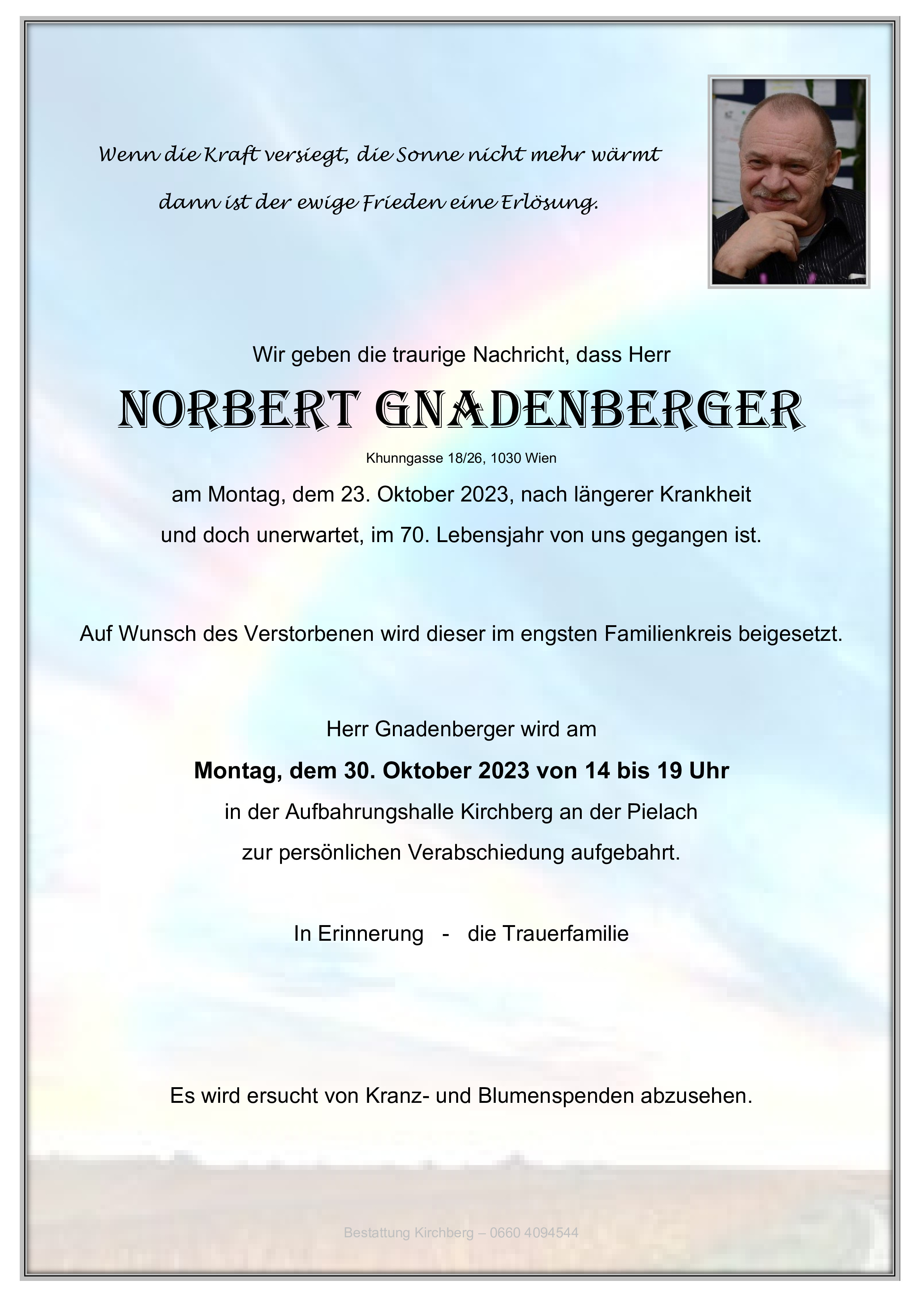 Traueranzeige von Norbert Gnadenberger
