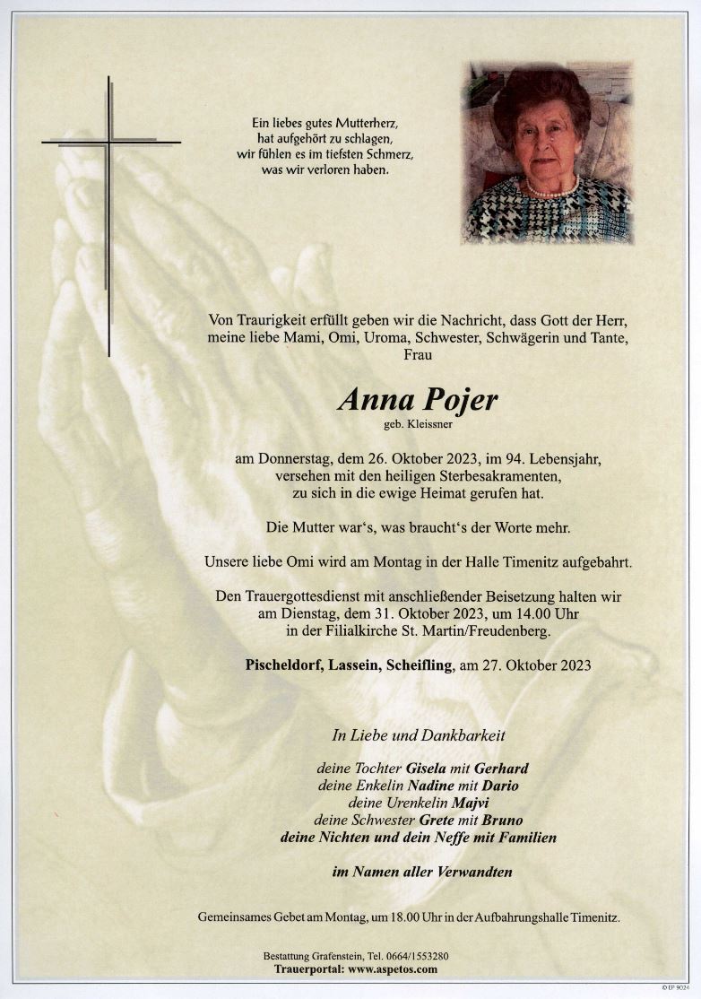 Traueranzeige von Anna Pojer