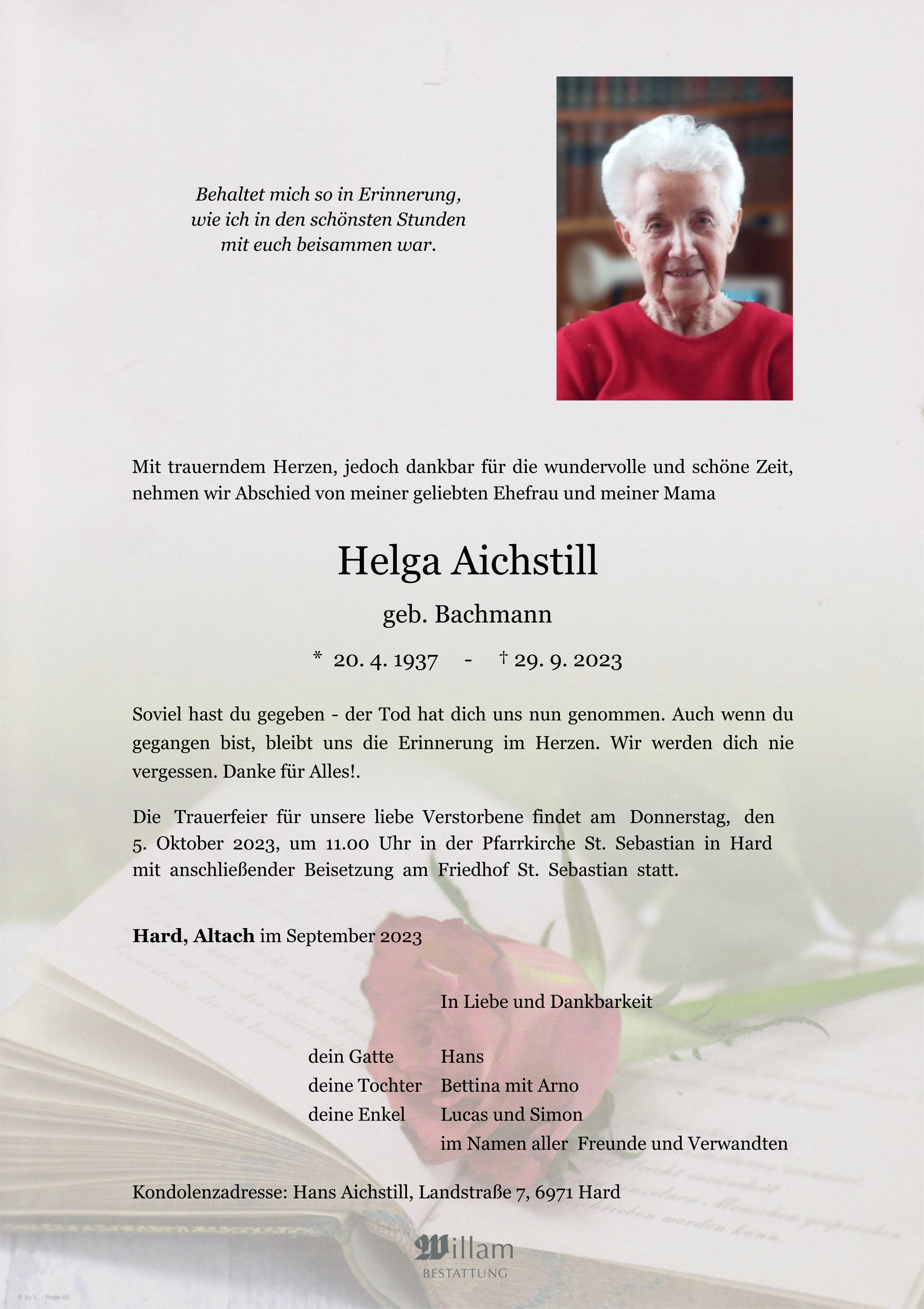 Traueranzeige von Helga Aichstill
