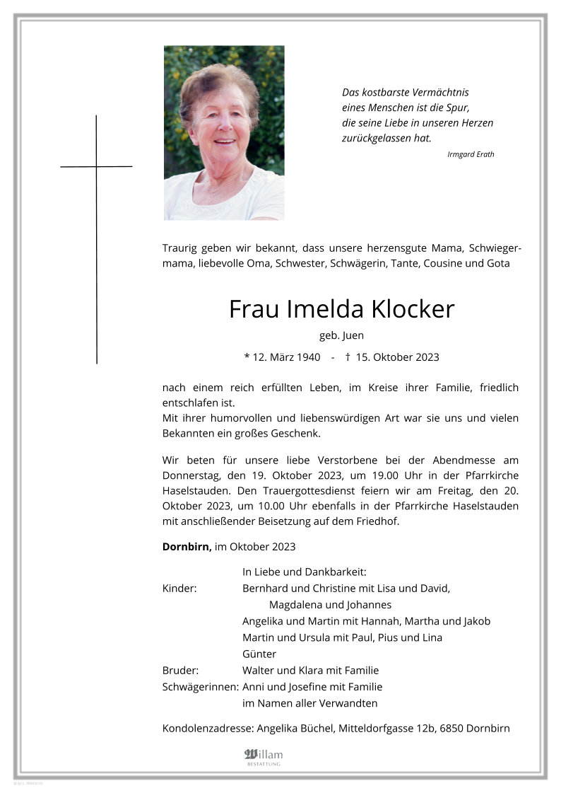 Traueranzeige von Imelda Klocker