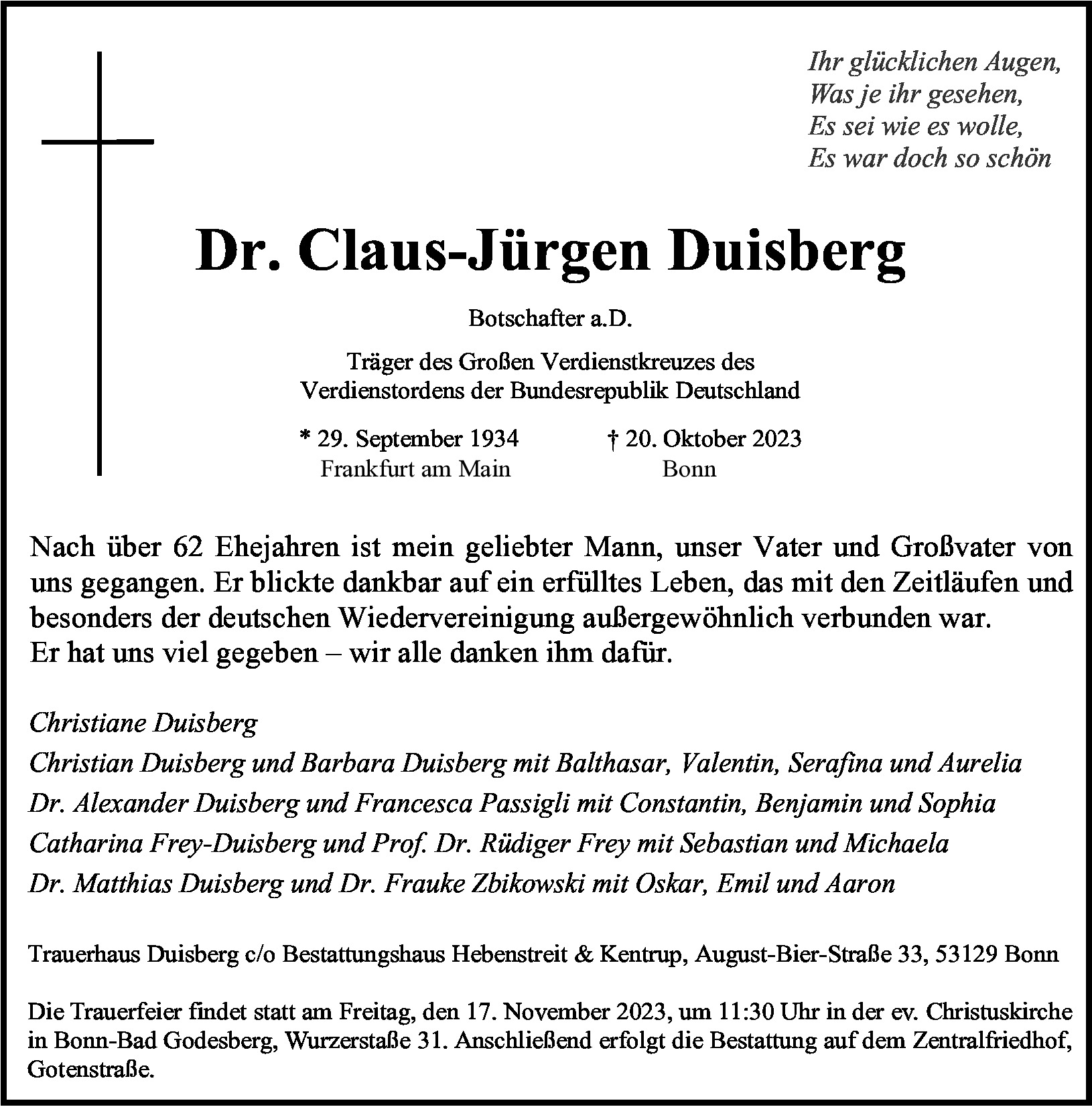 Traueranzeige von Dr. Claus-Jürgen Duisberg
