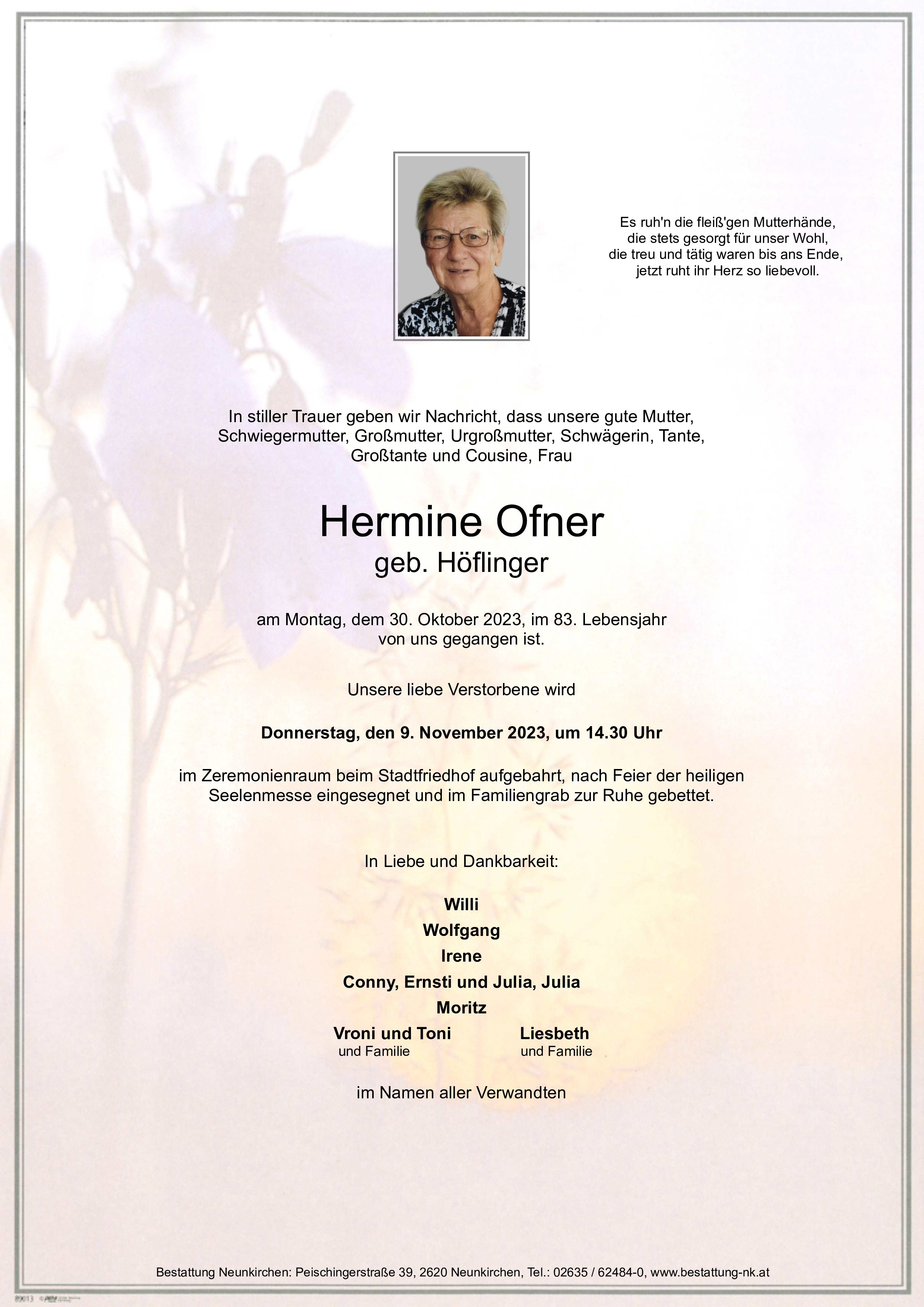 Traueranzeige von Hermine Ofner