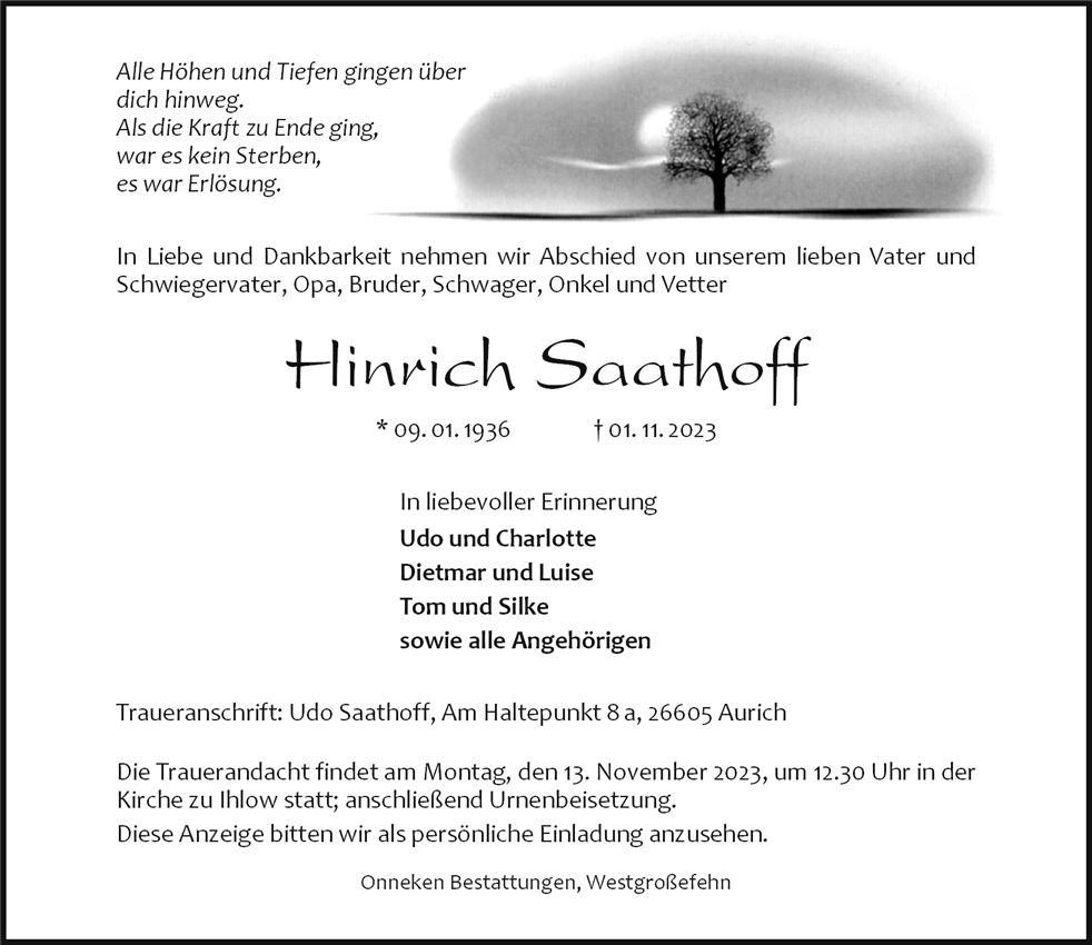 Traueranzeige von Hinrich Saathoff
