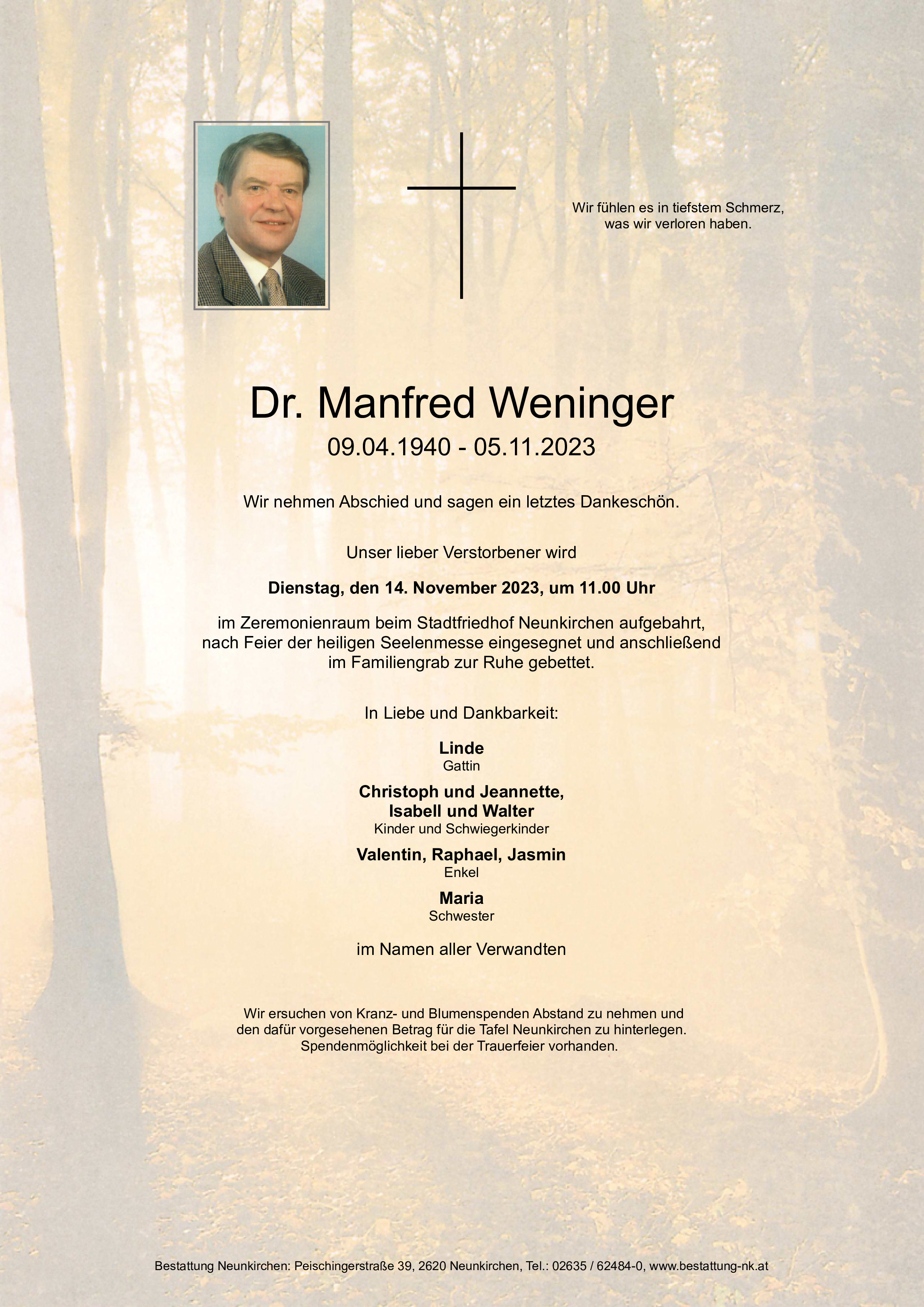 Traueranzeige von Dr. Manfred Weninger