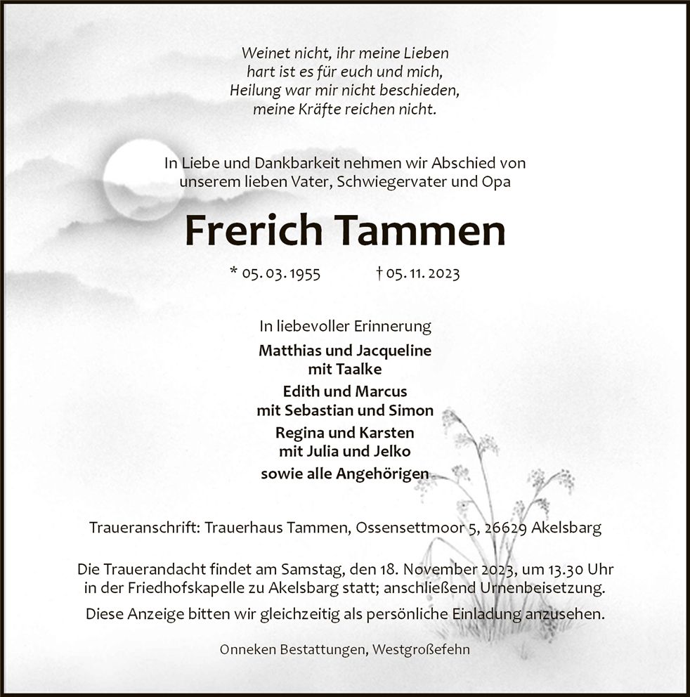Traueranzeige von Frerich Tammen