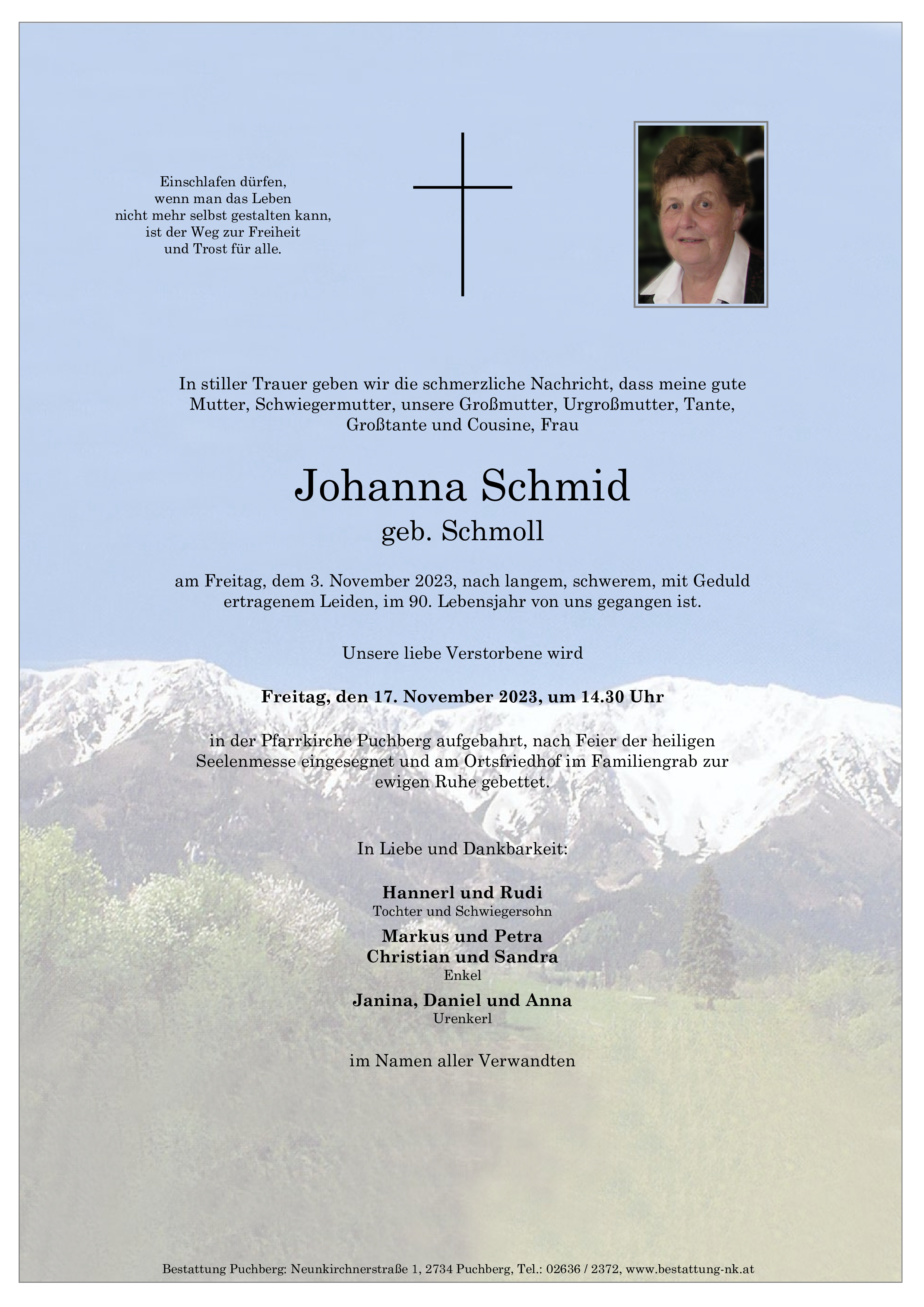 Traueranzeige von Johanna Schmid
