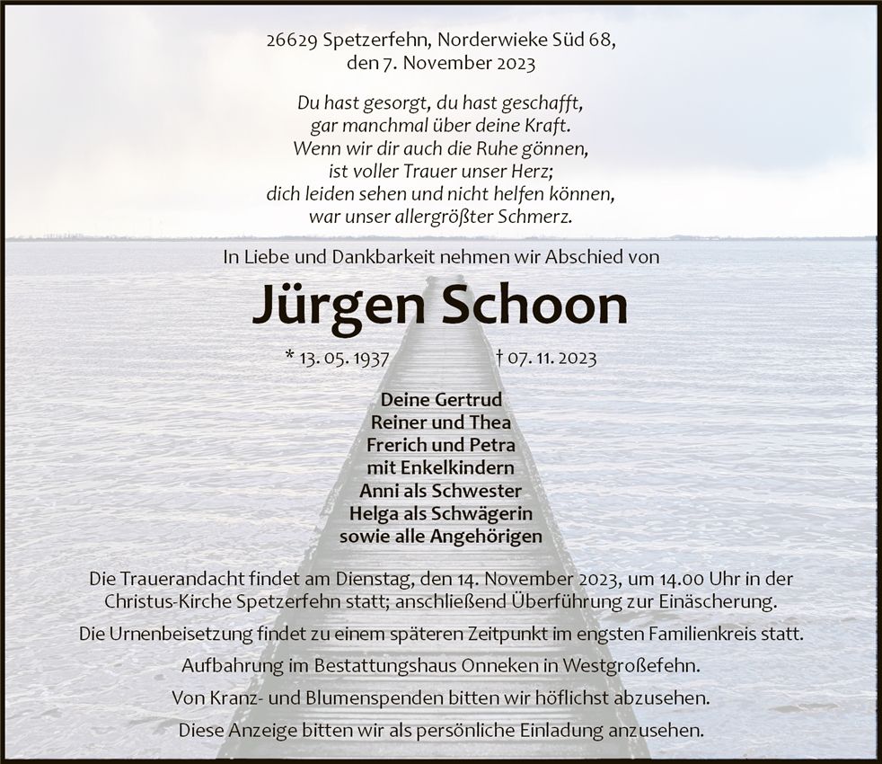 Traueranzeige von Jürgen Schoon