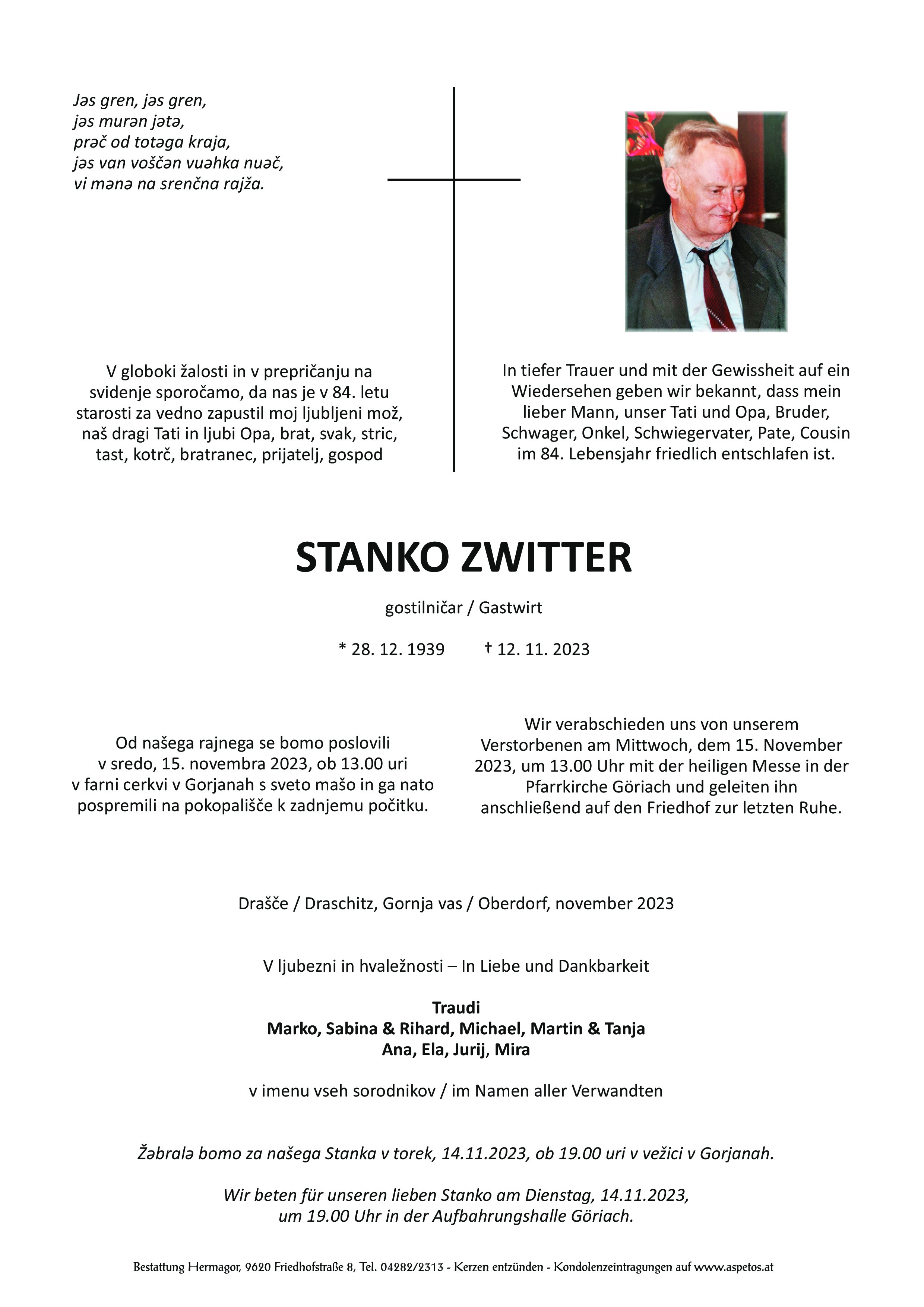 Traueranzeige von Stanko Zwitter