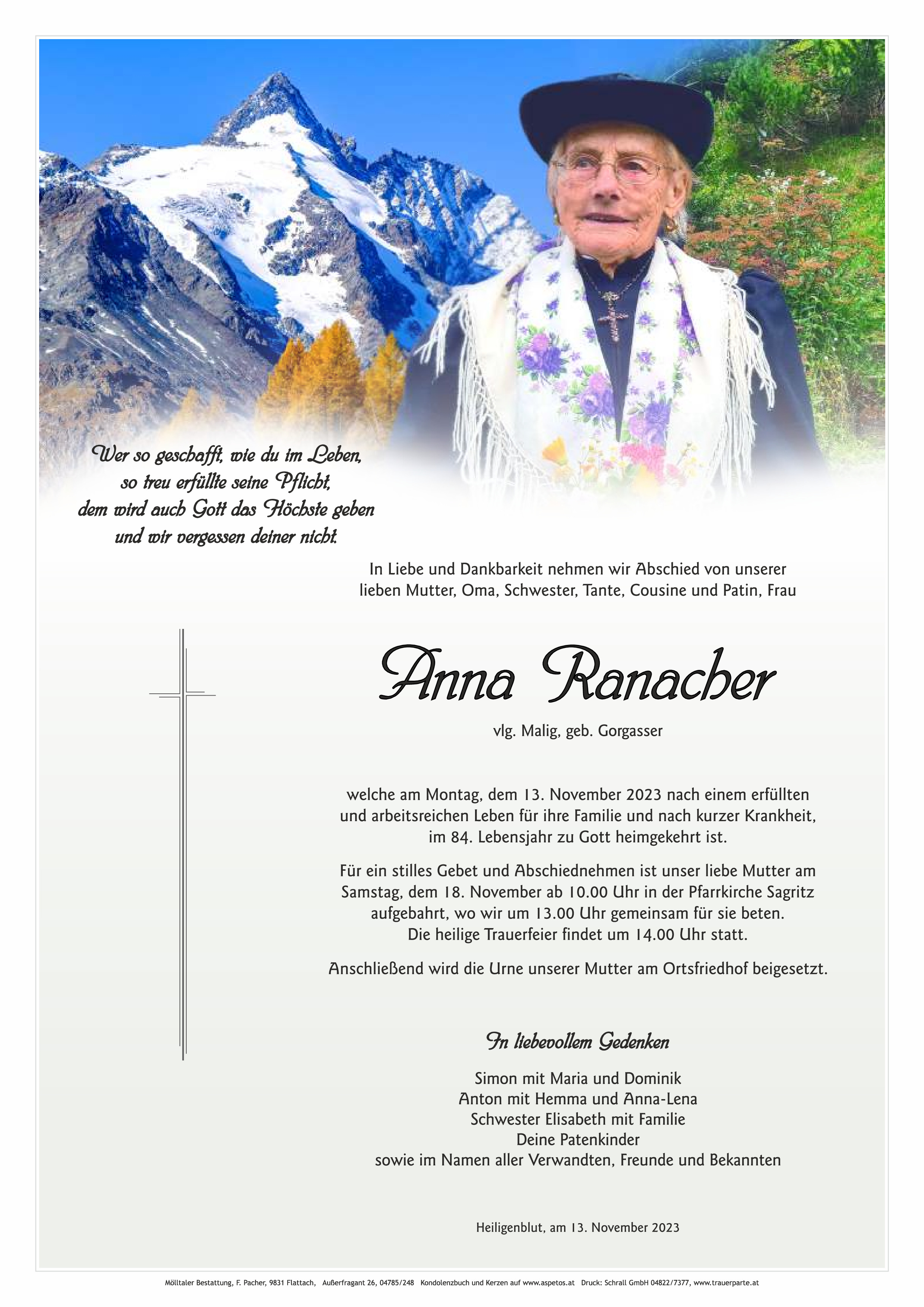 Traueranzeige von Anna Maria Ranacher