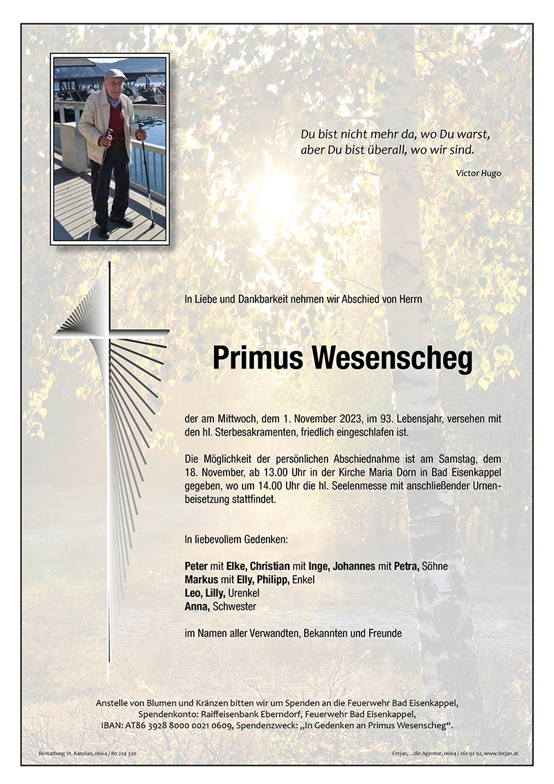 Traueranzeige von Primus Wesenscheg