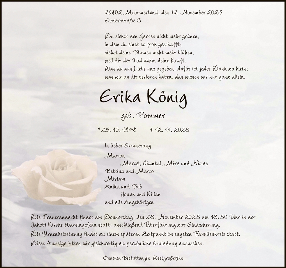 Traueranzeige von Erika König