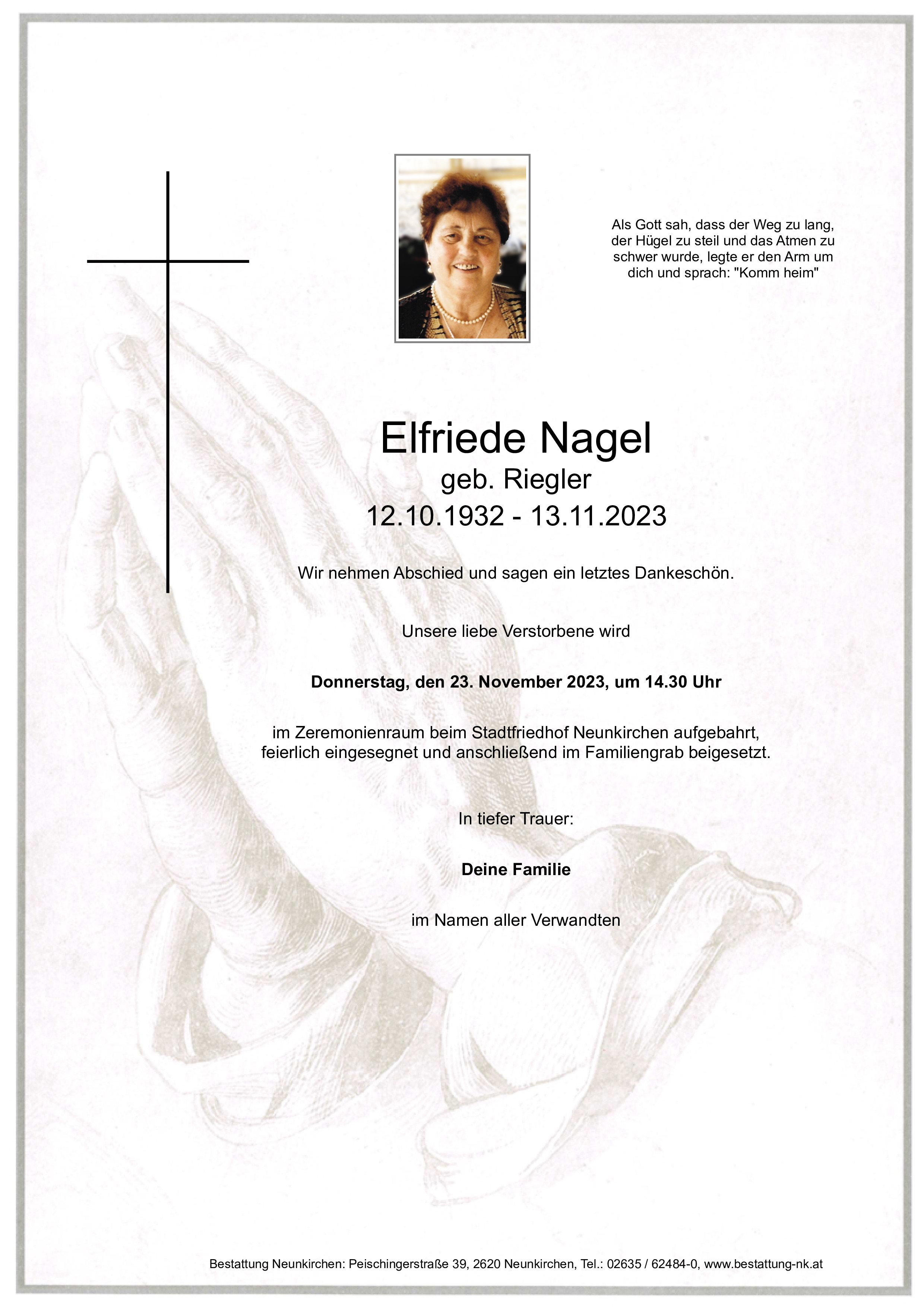 Traueranzeige von Elfriede Nagel