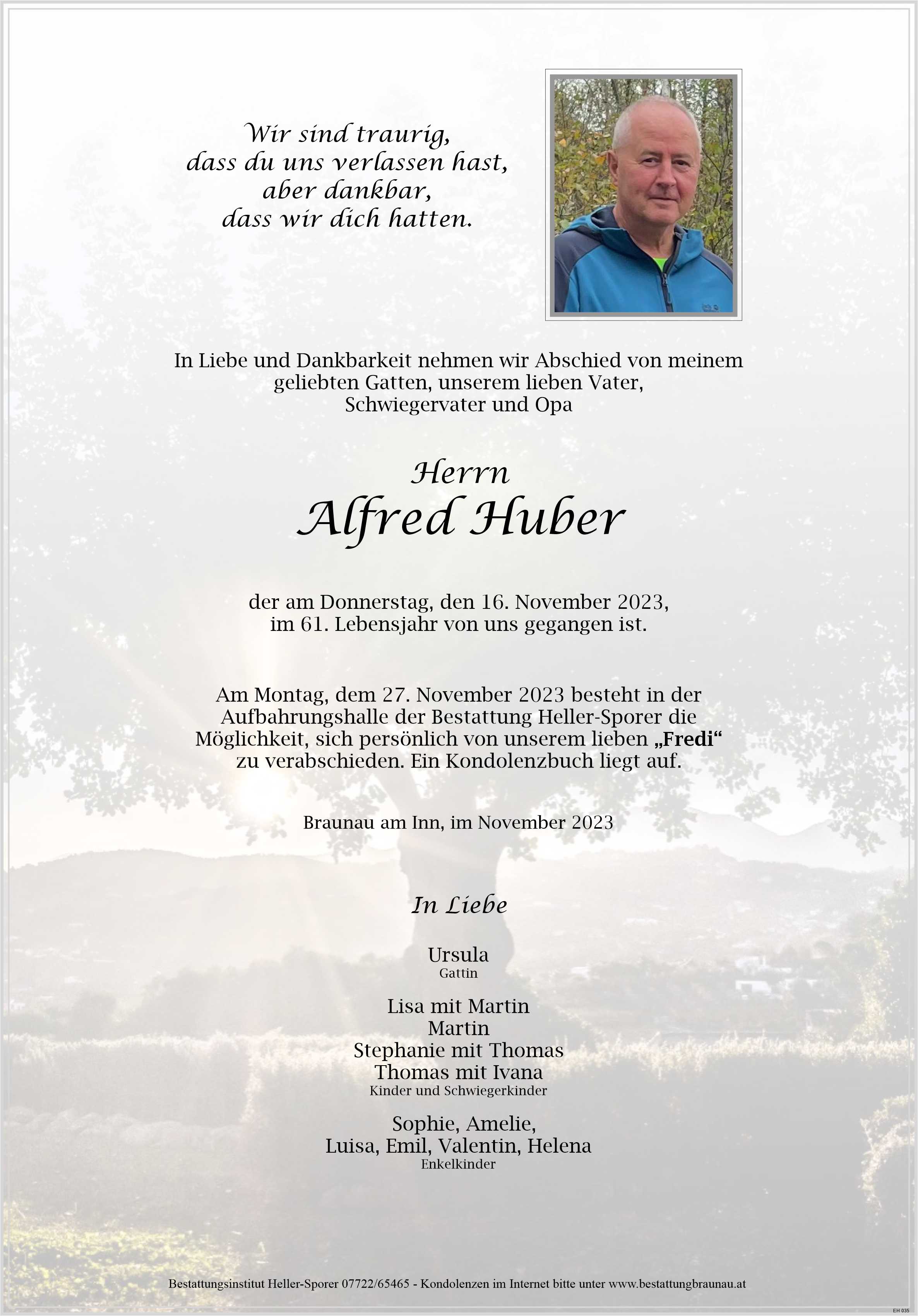 Traueranzeige von Alfred Huber