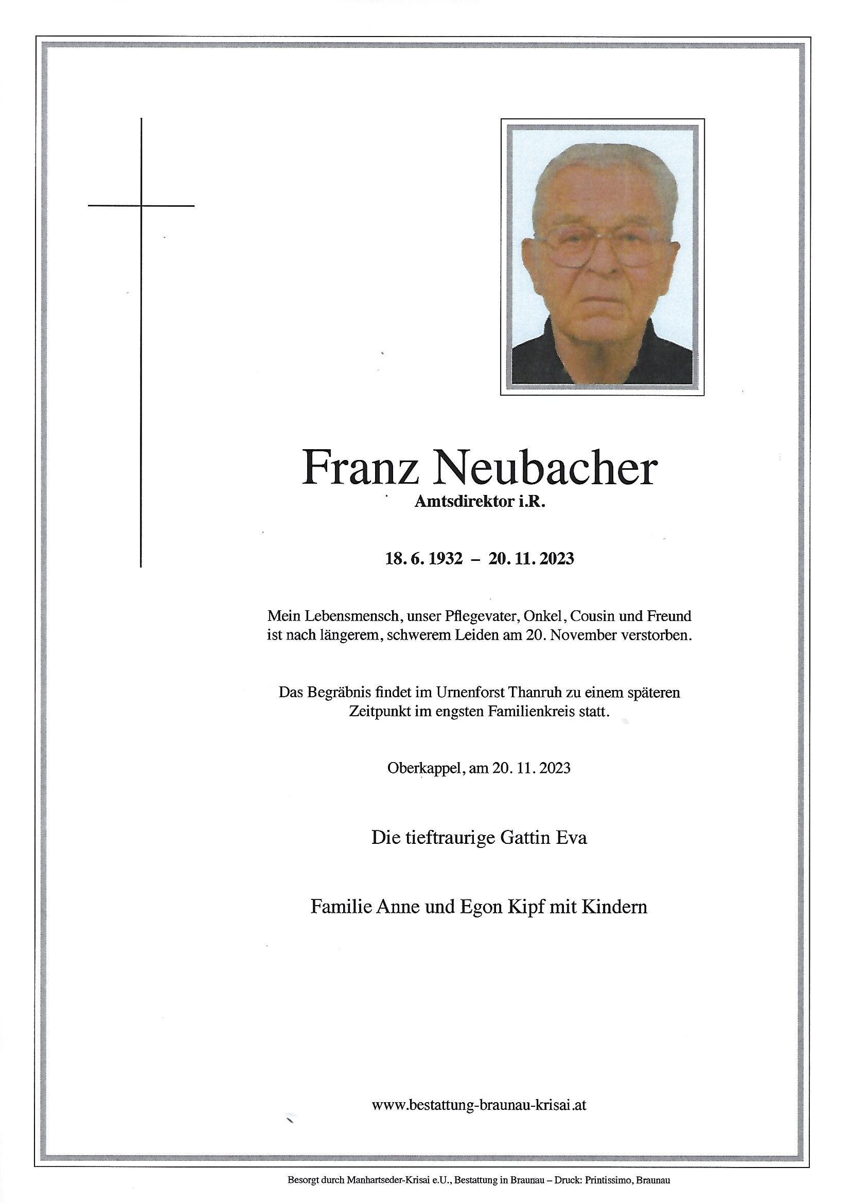 Traueranzeige von Franz Neubacher
