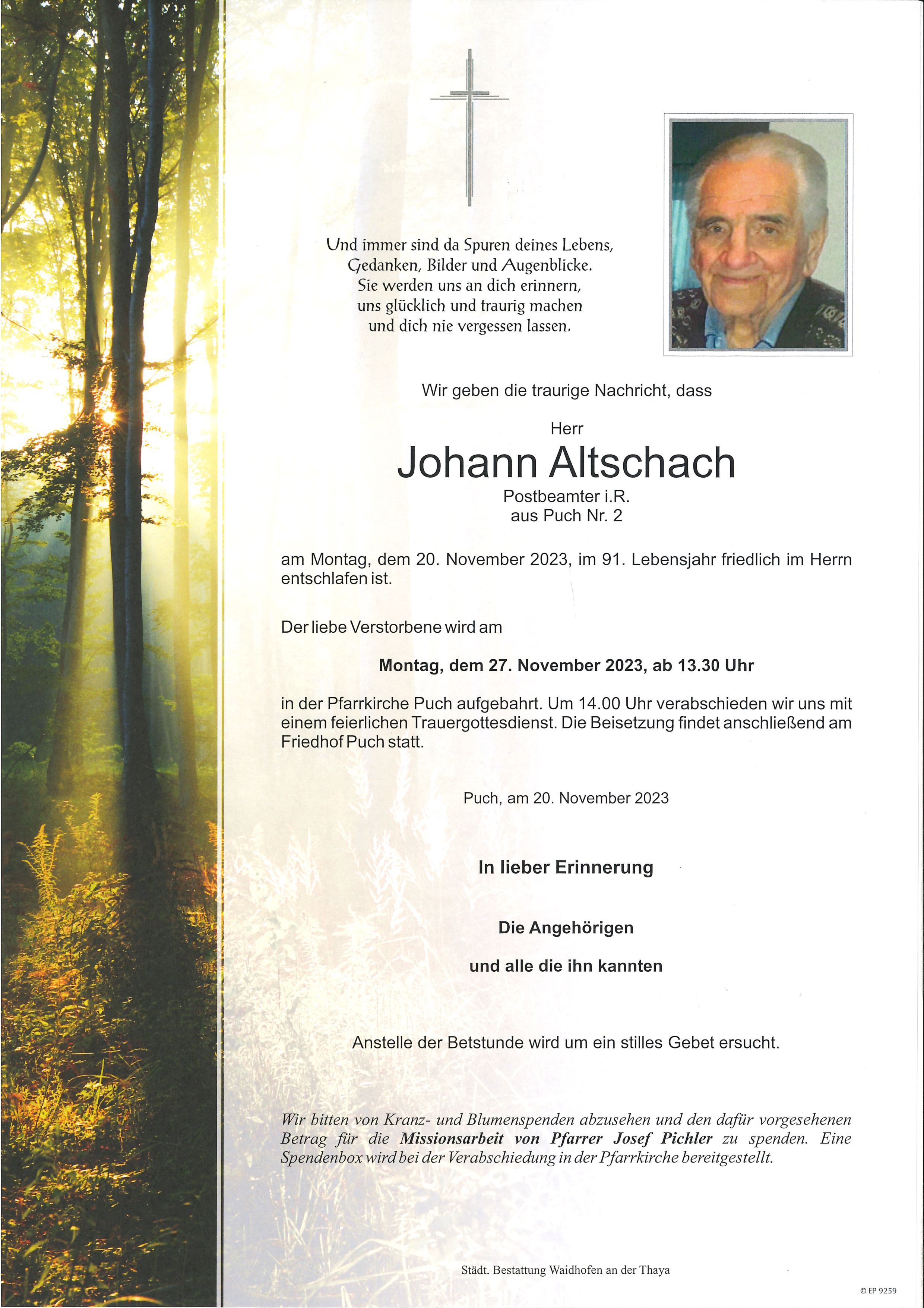Traueranzeige von Johann Altschach