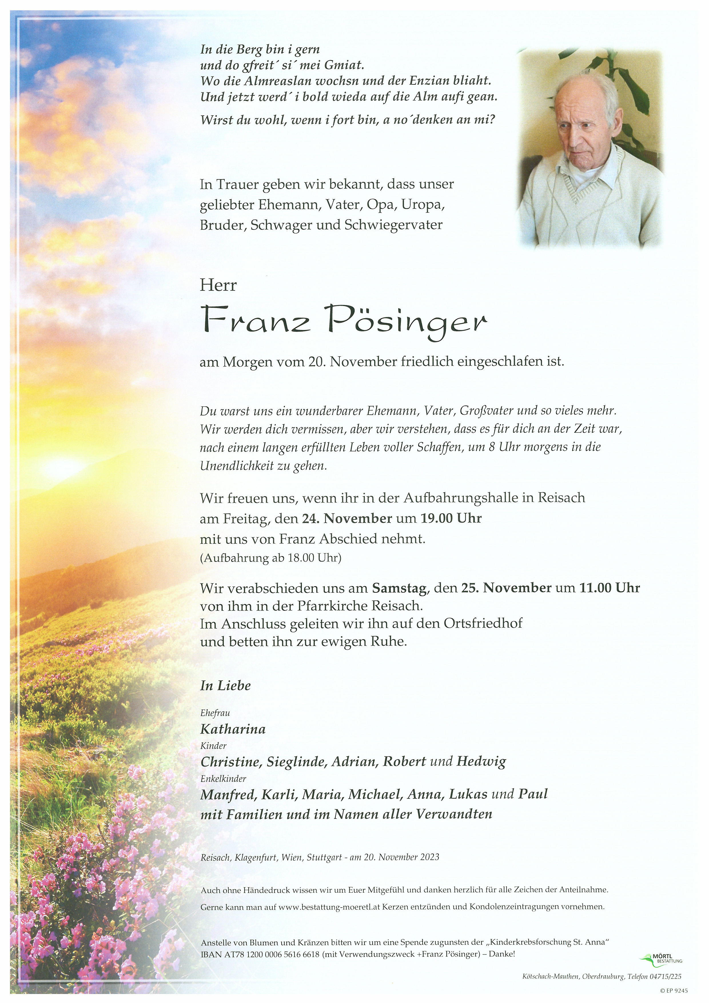 Traueranzeige von Franz Pösinger