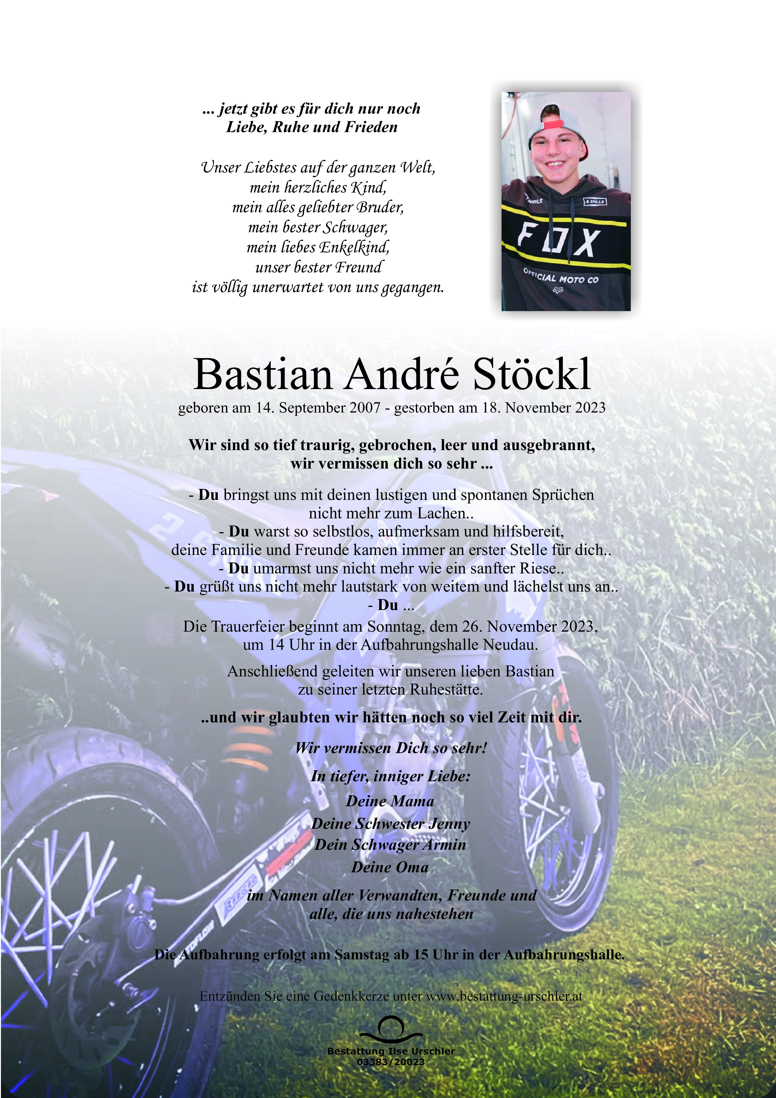 Traueranzeige von Bastian André Stöckl
