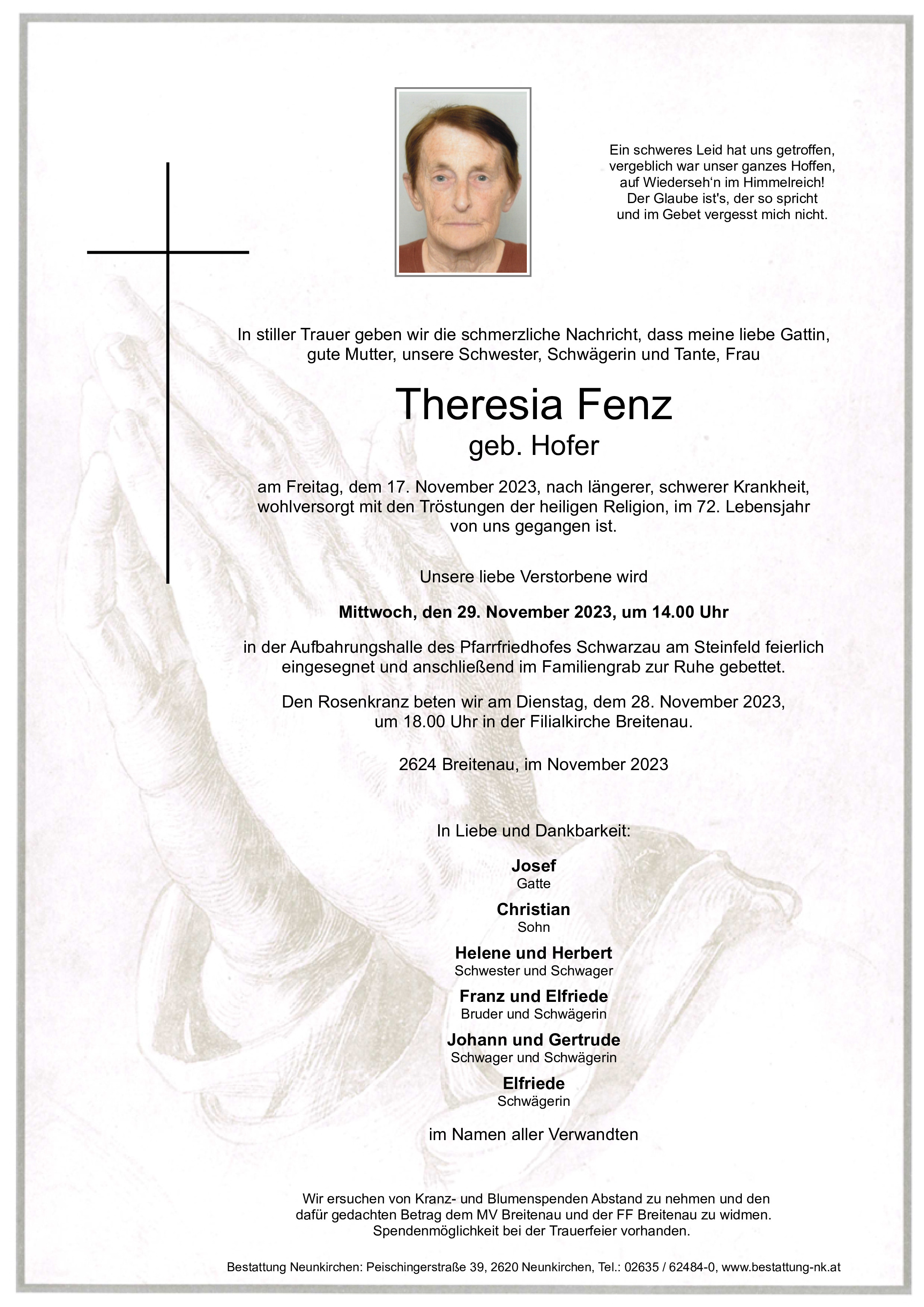 Traueranzeige von Theresia Fenz