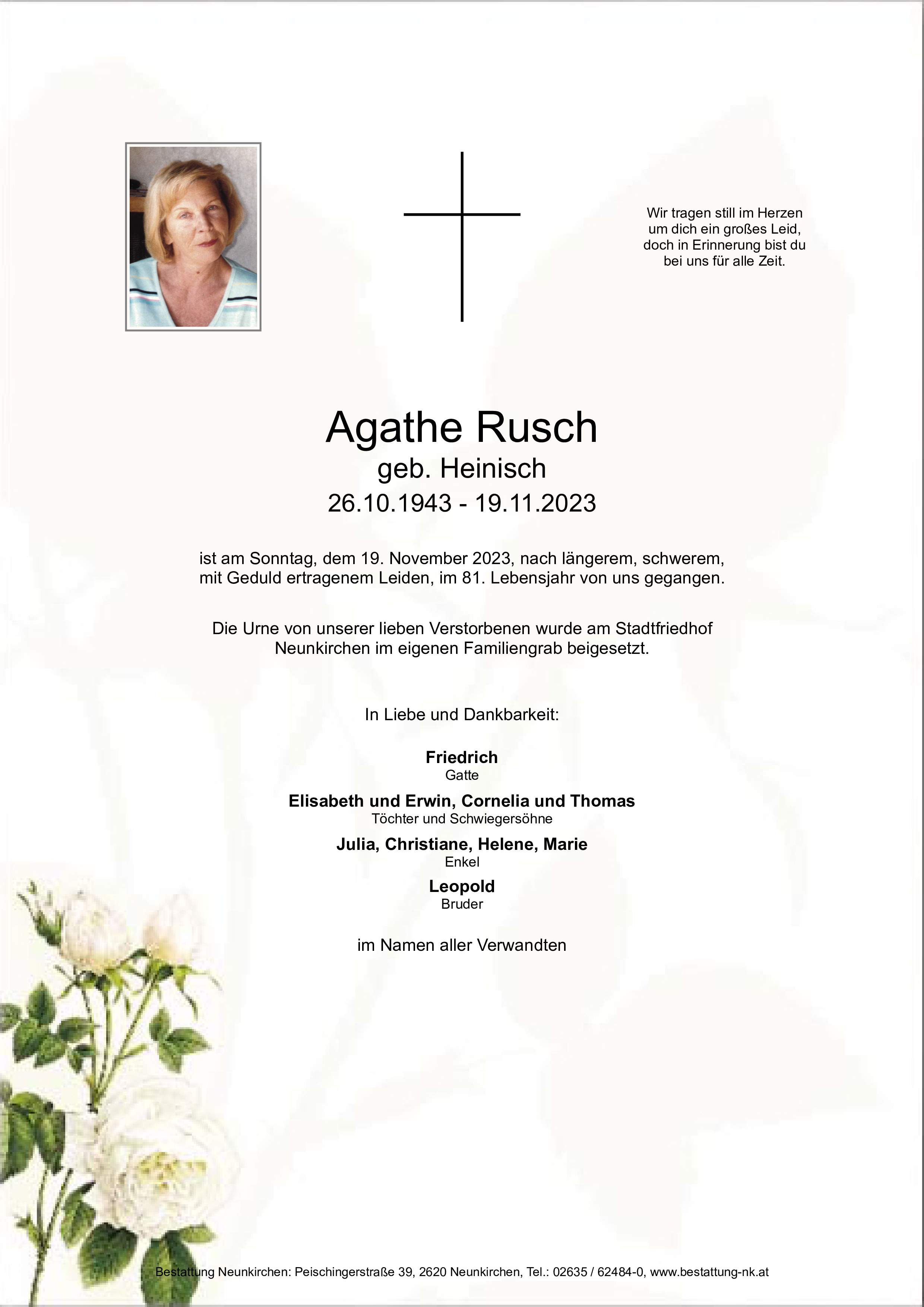 Traueranzeige von Agathe Rusch