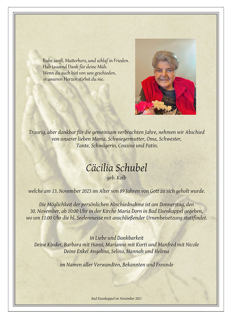 Traueranzeige von Cäcilia Schubel