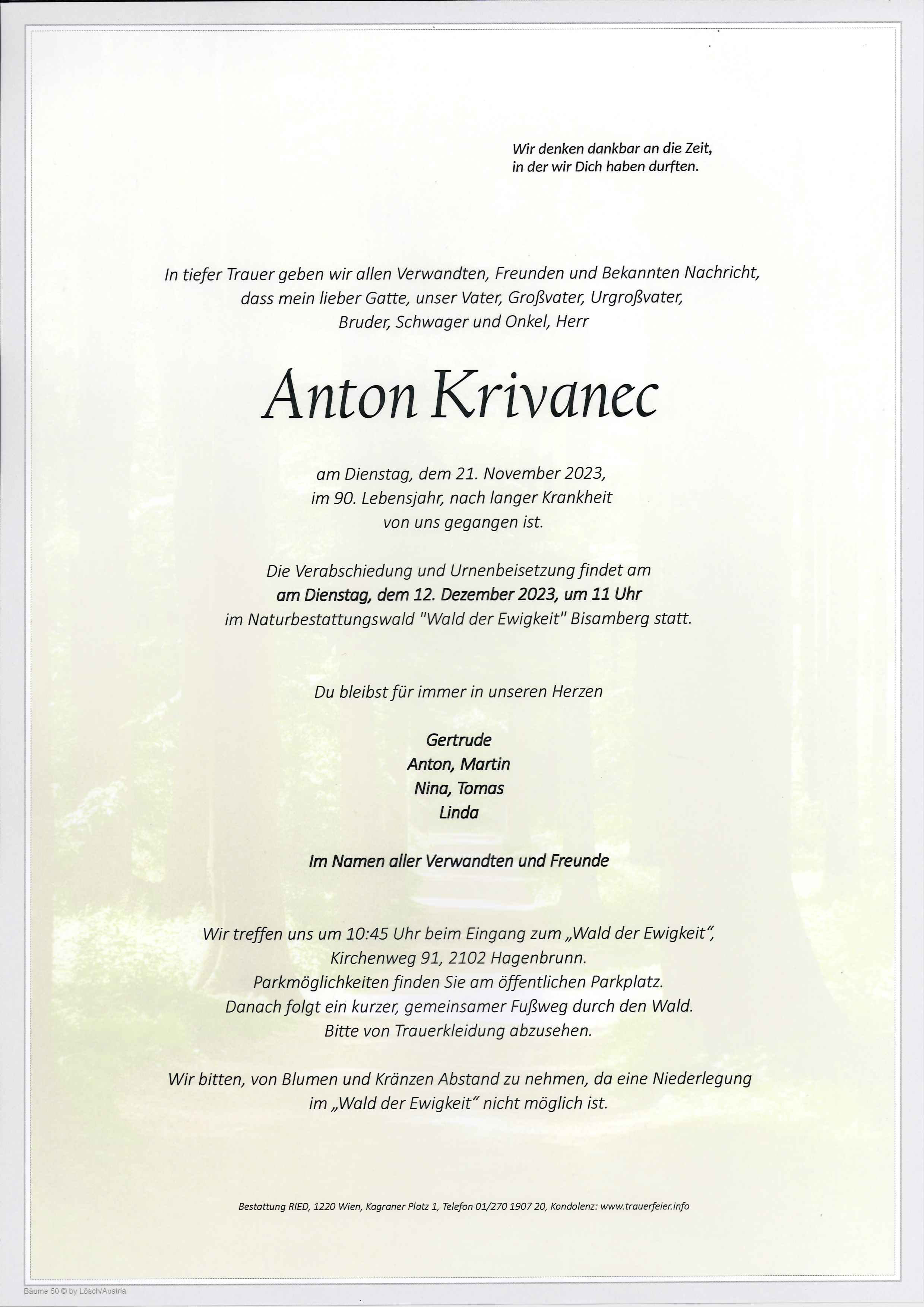 Traueranzeige von Anton Krivanec