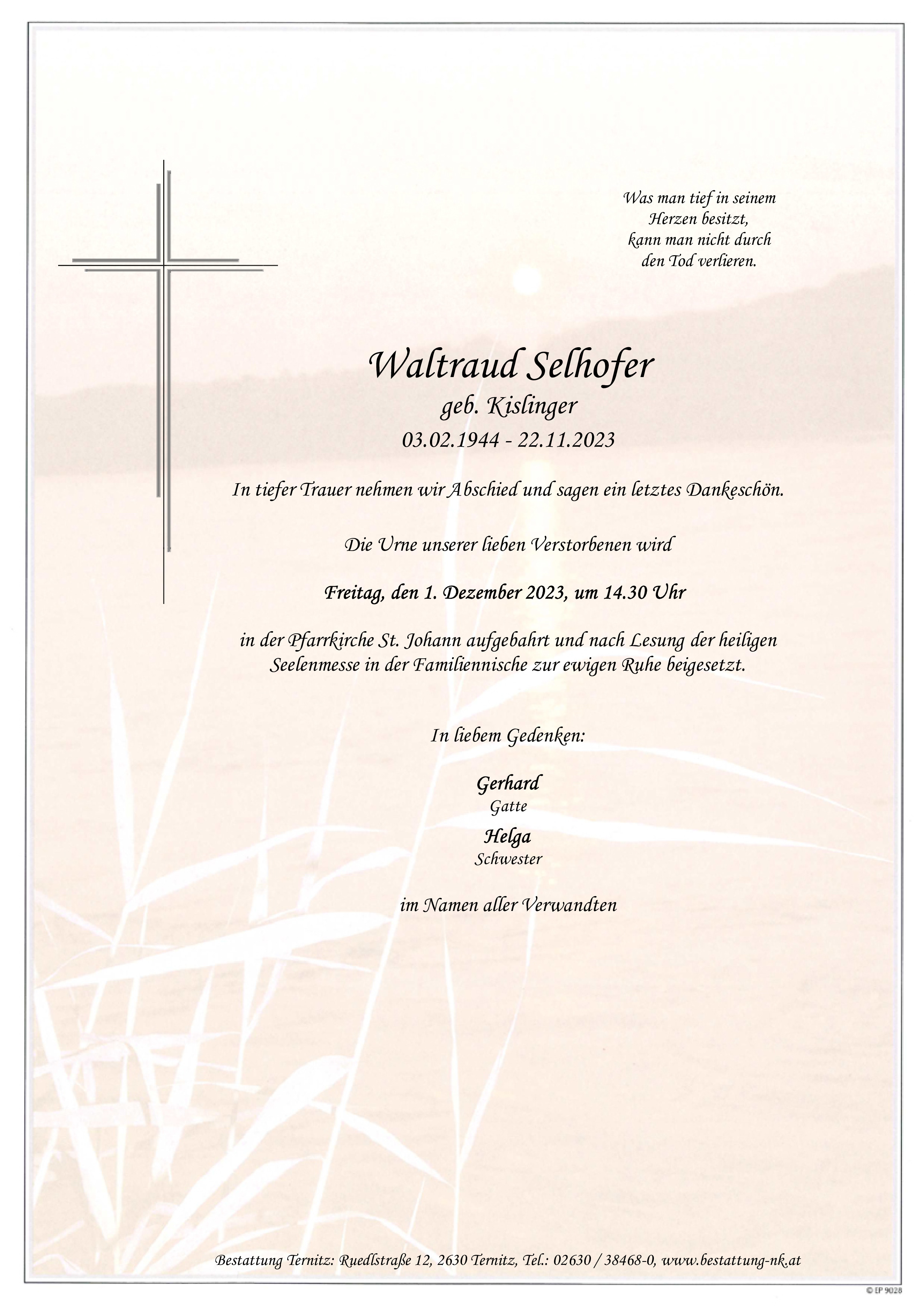 Traueranzeige von Waltraud Selhofer