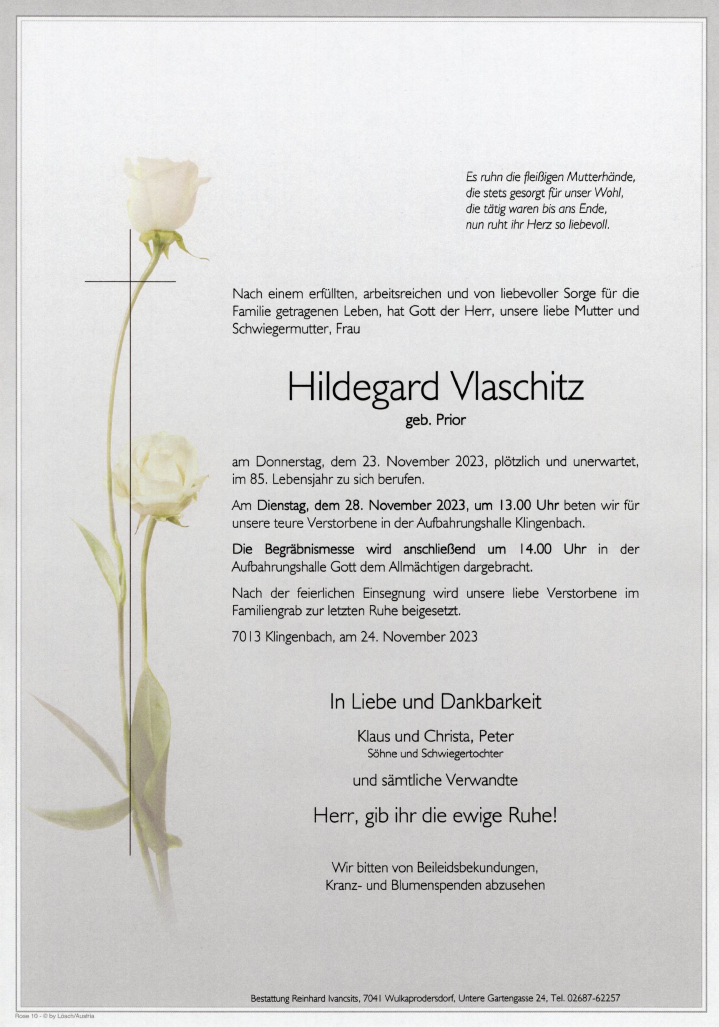 Traueranzeige von Hildegard Vlaschitz
