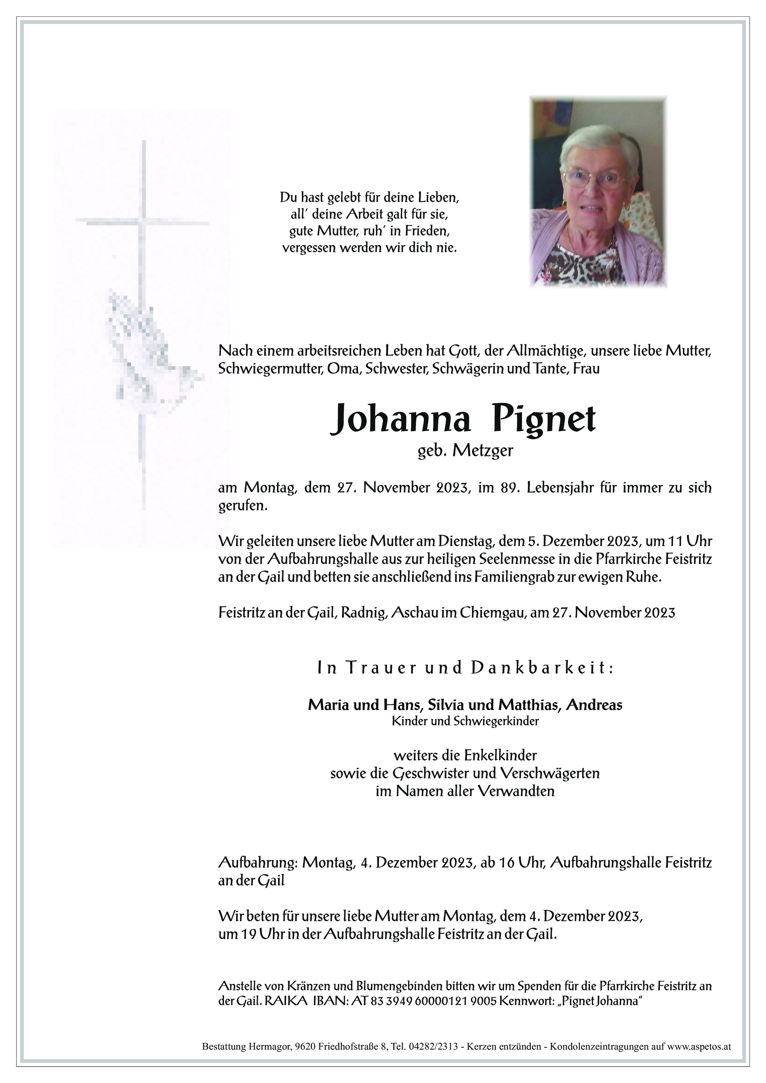 Traueranzeige von Johanna Pignet