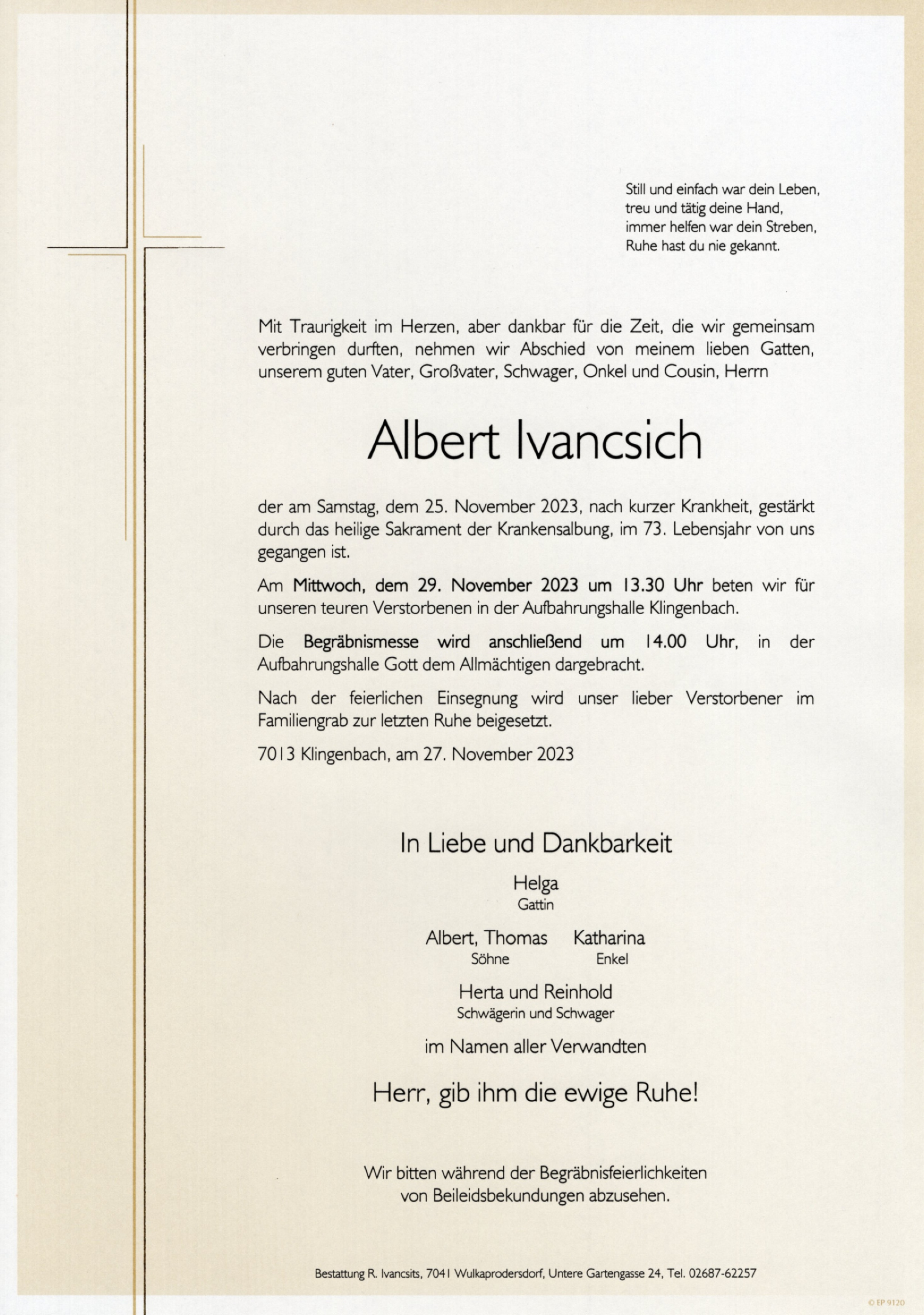 Traueranzeige von Albert Ivancsich