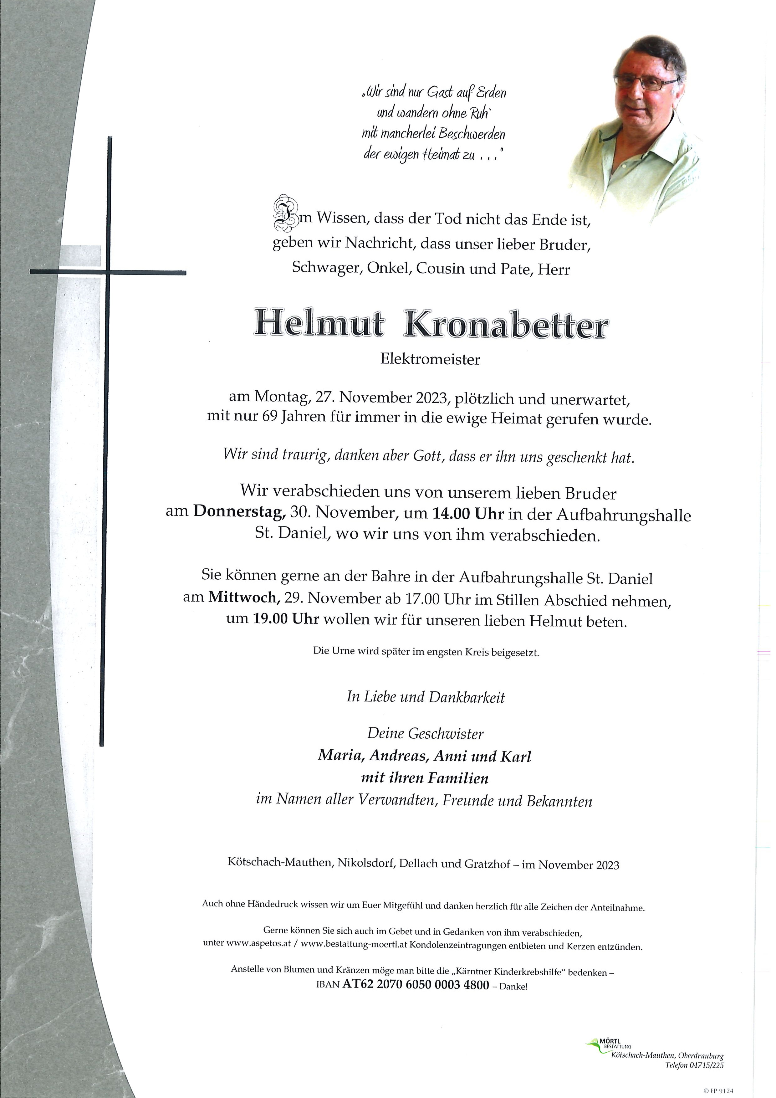 Traueranzeige von Helmut Kronabetter