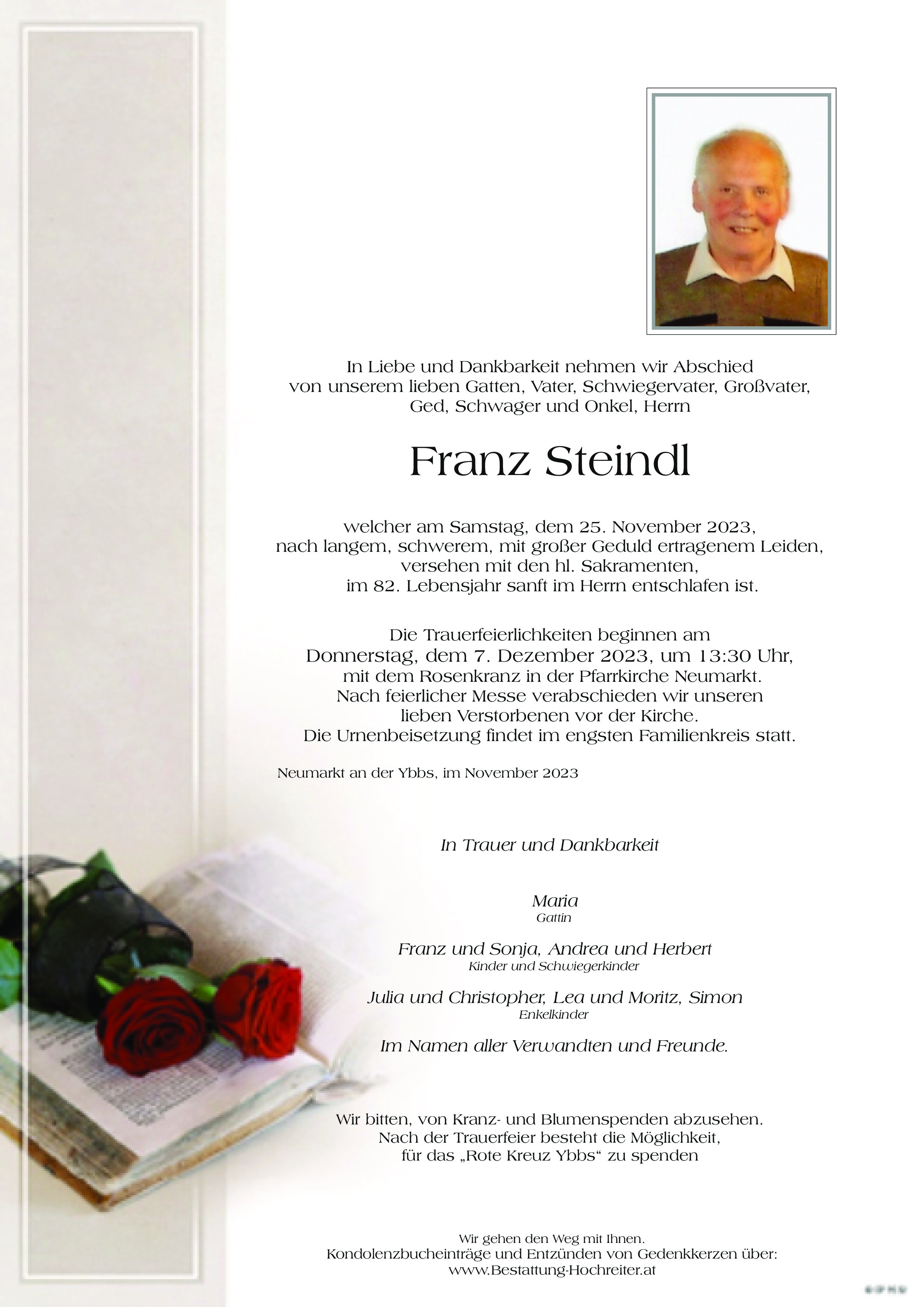 Traueranzeige von Steindl Franz