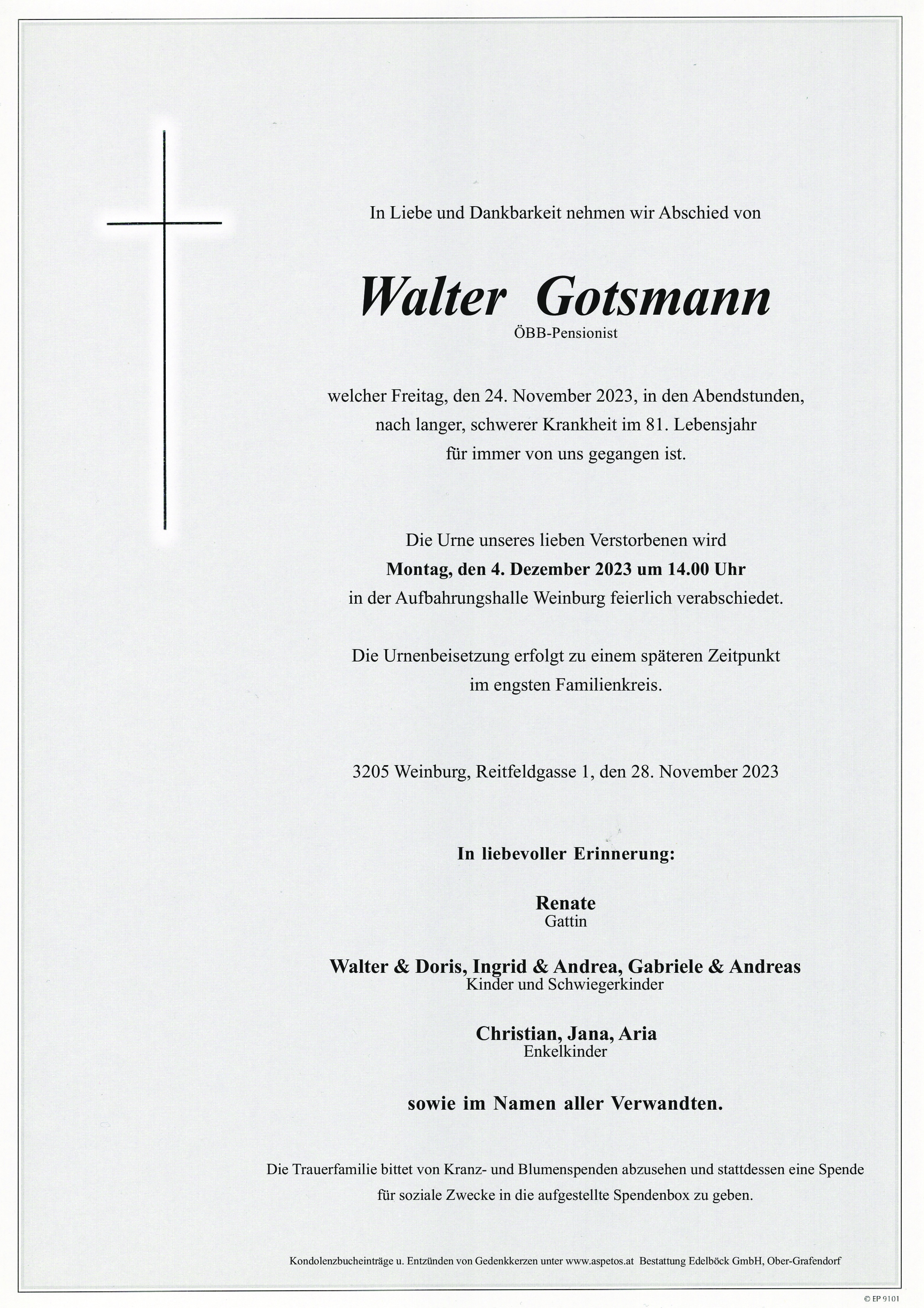 Traueranzeige von Walter Gotsmann