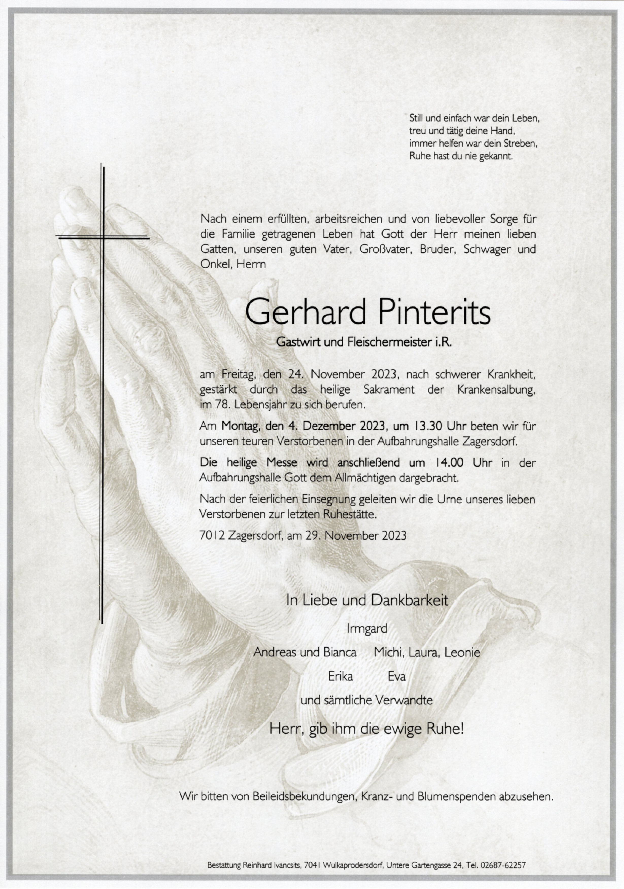 Traueranzeige von Gerhard Pinterits