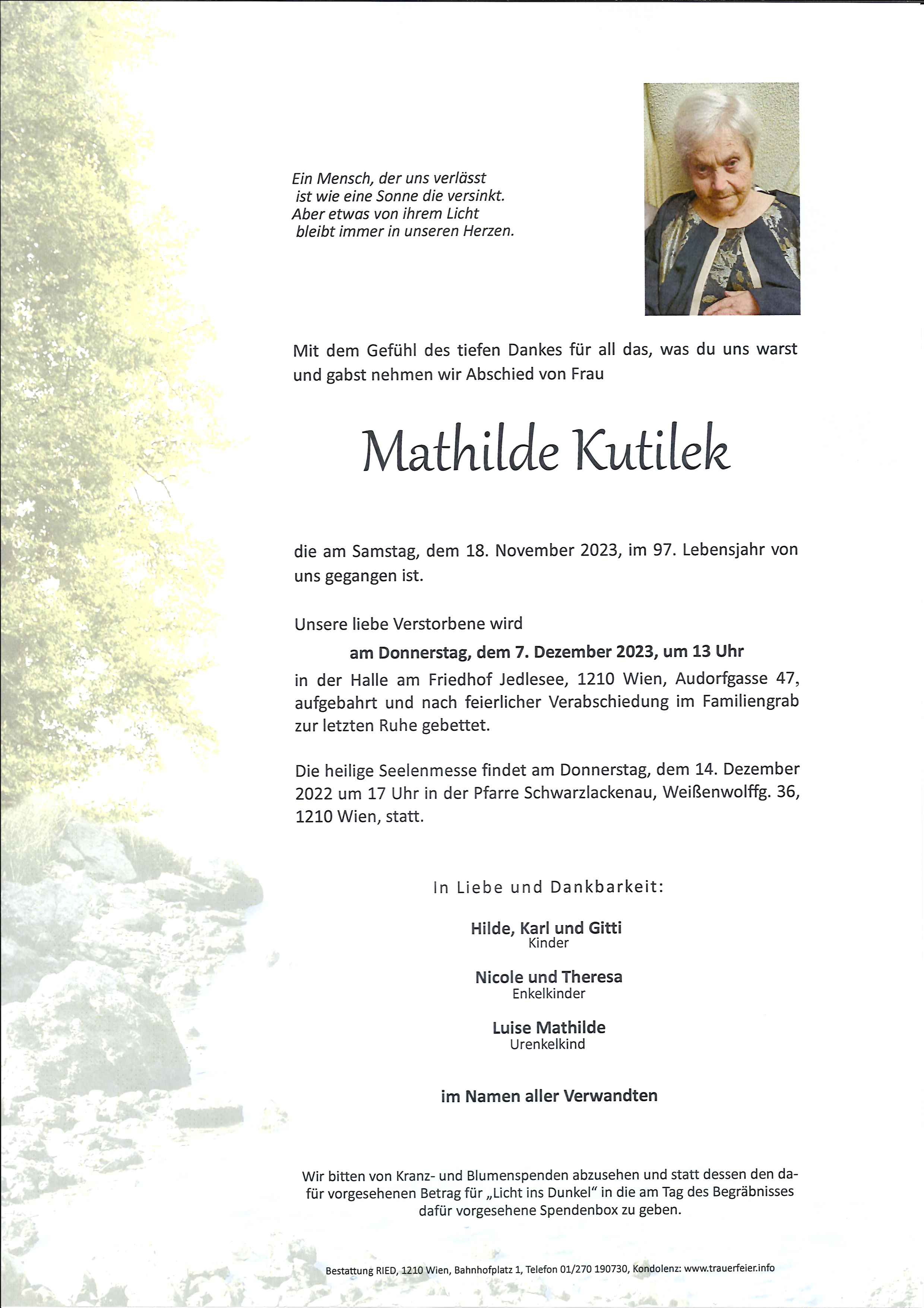 Traueranzeige von Mathilde Kutilek