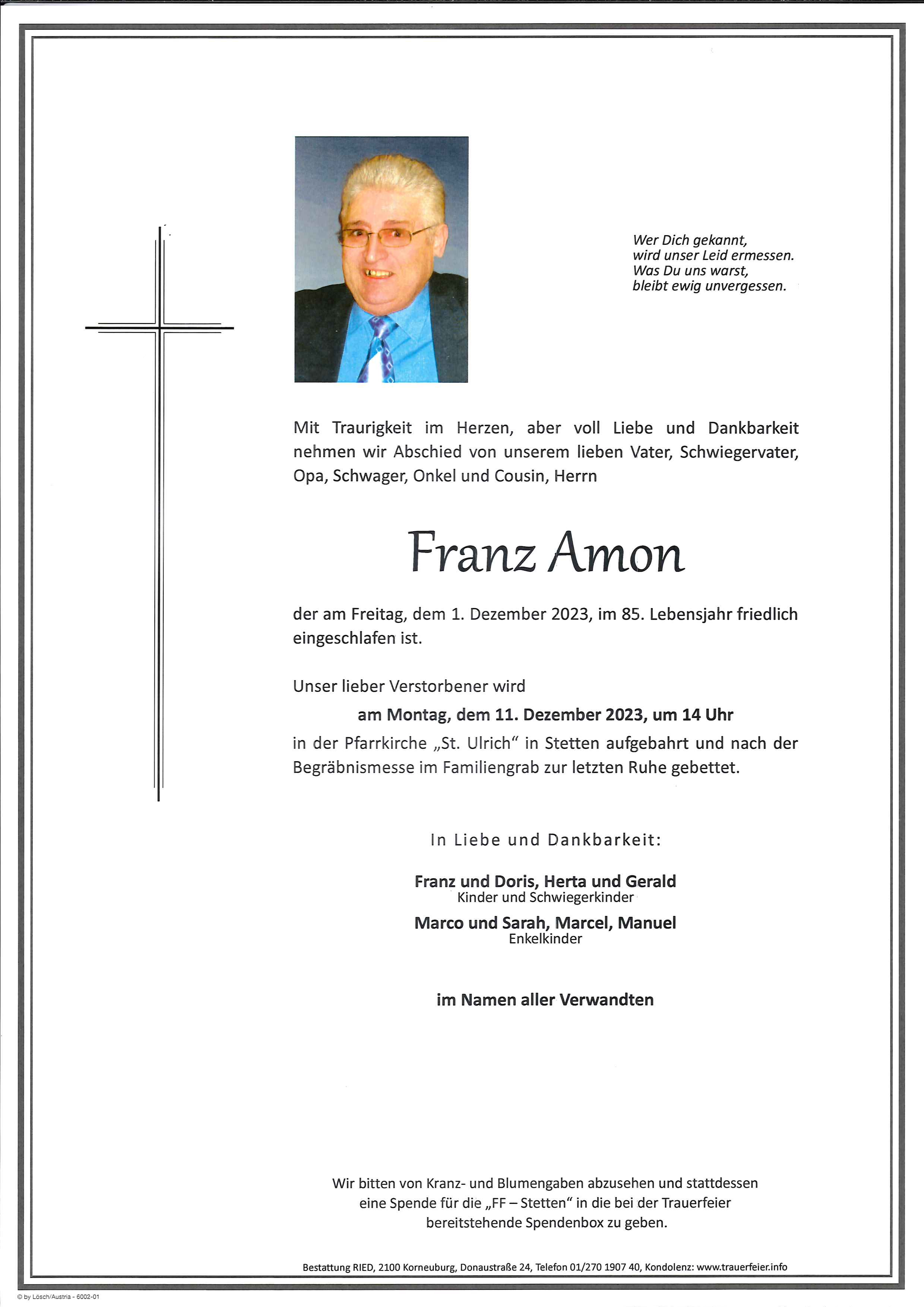 Traueranzeige von Franz Amon