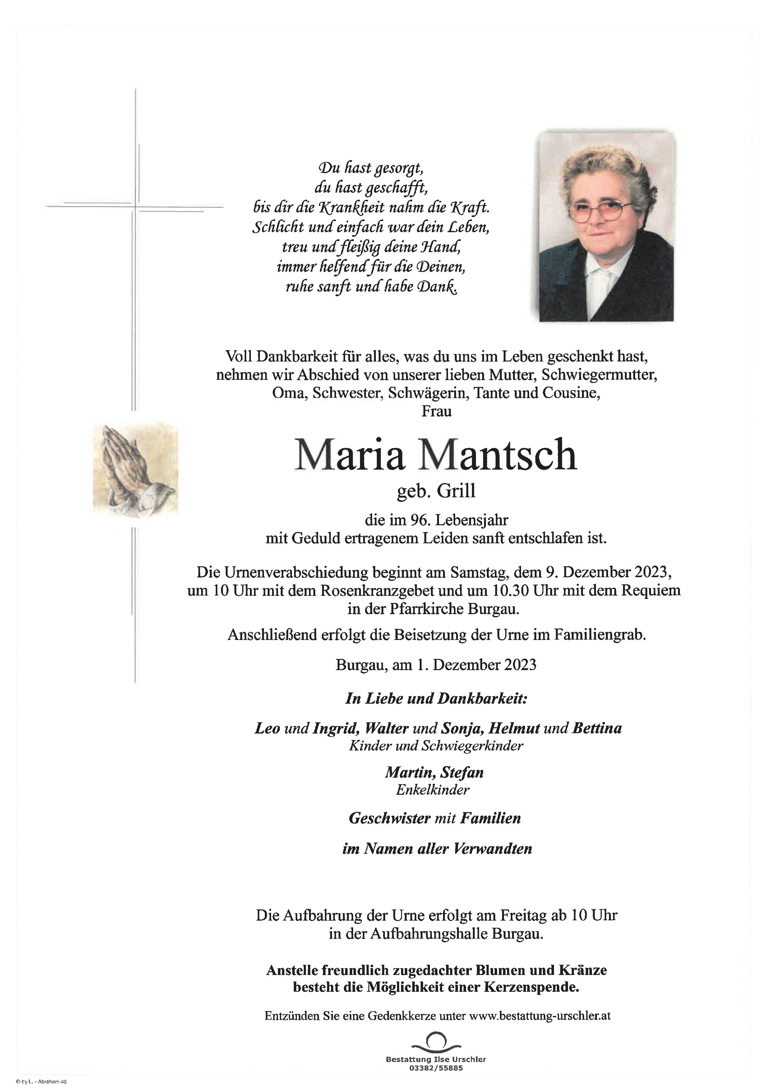 Traueranzeige von Maria Mantsch