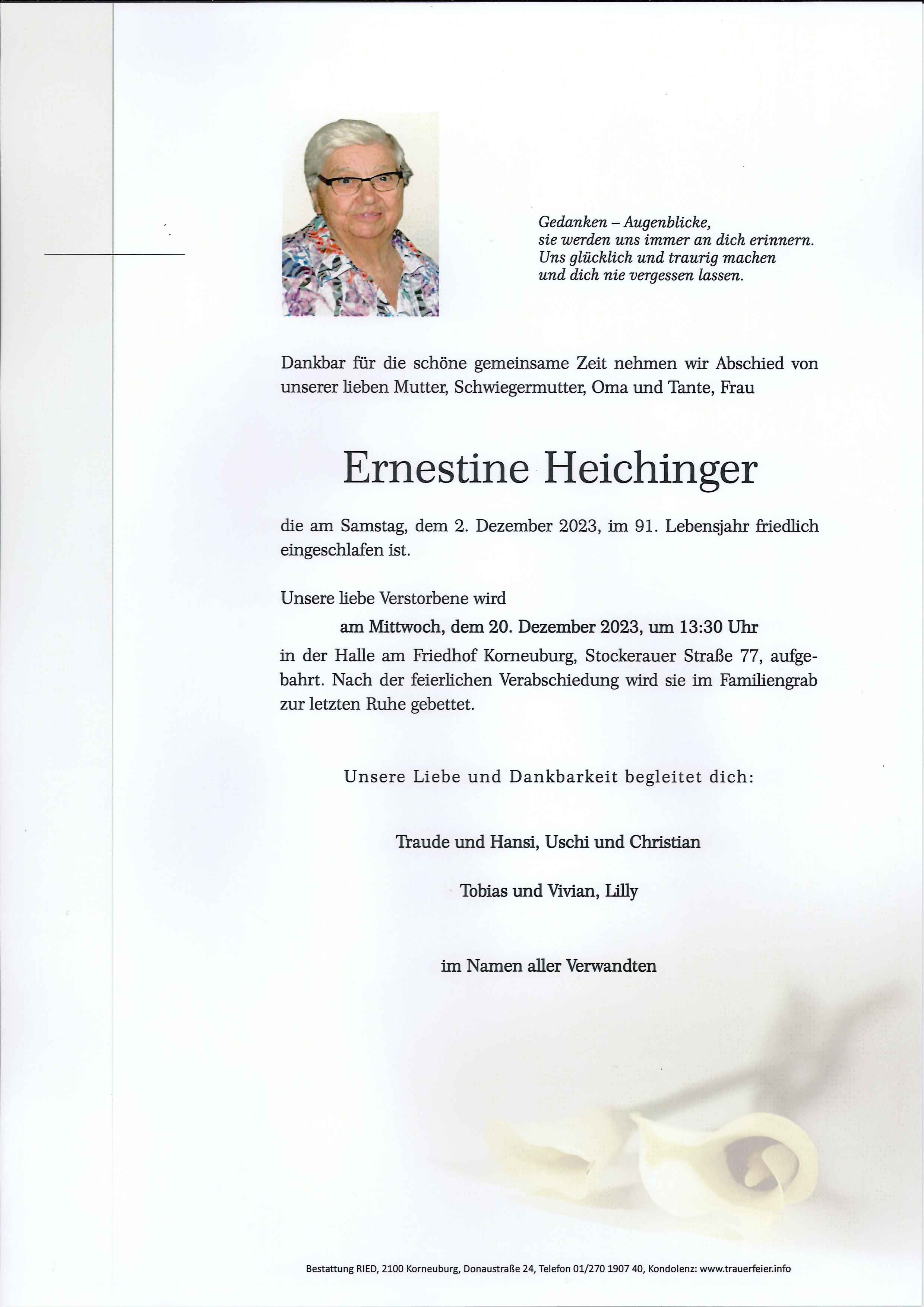 Traueranzeige von Ernestine  Heichinger