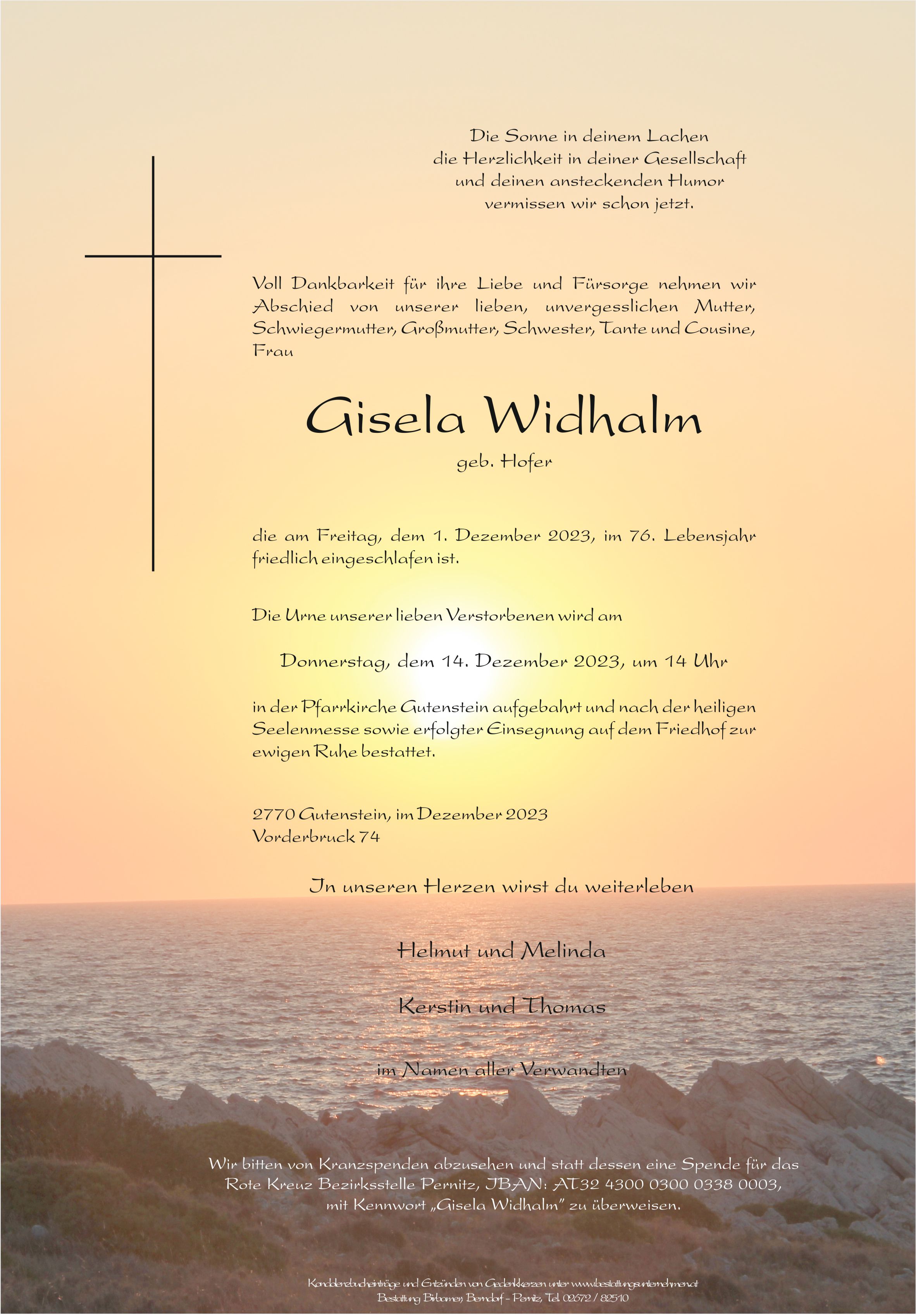 Traueranzeige von Gisela Widhalm