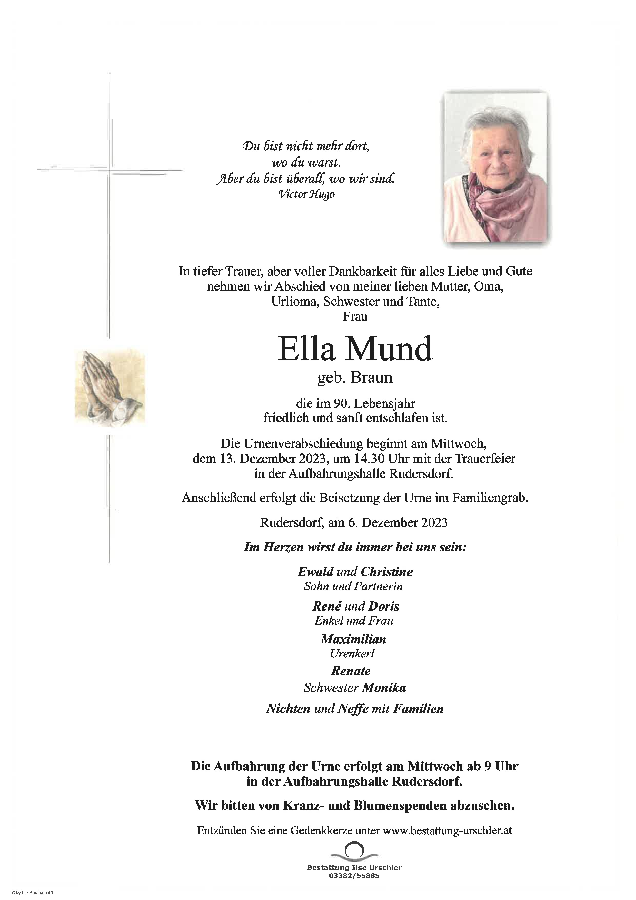 Traueranzeige von Ella Mund