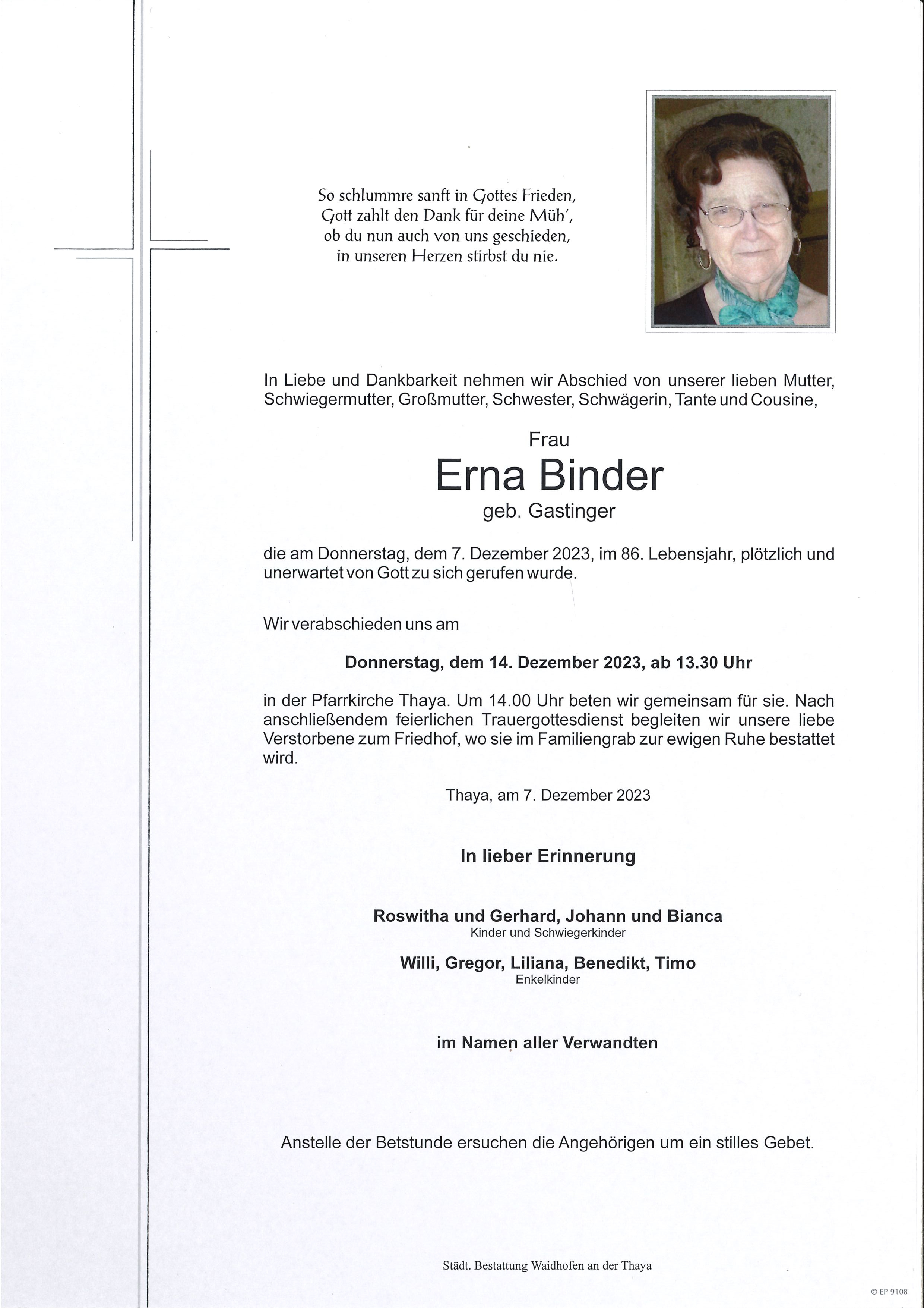 Traueranzeige von Erna Binder