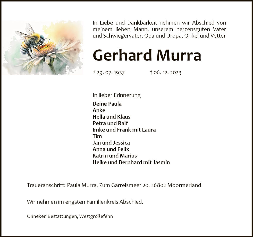 Traueranzeige von Gerhard Murra