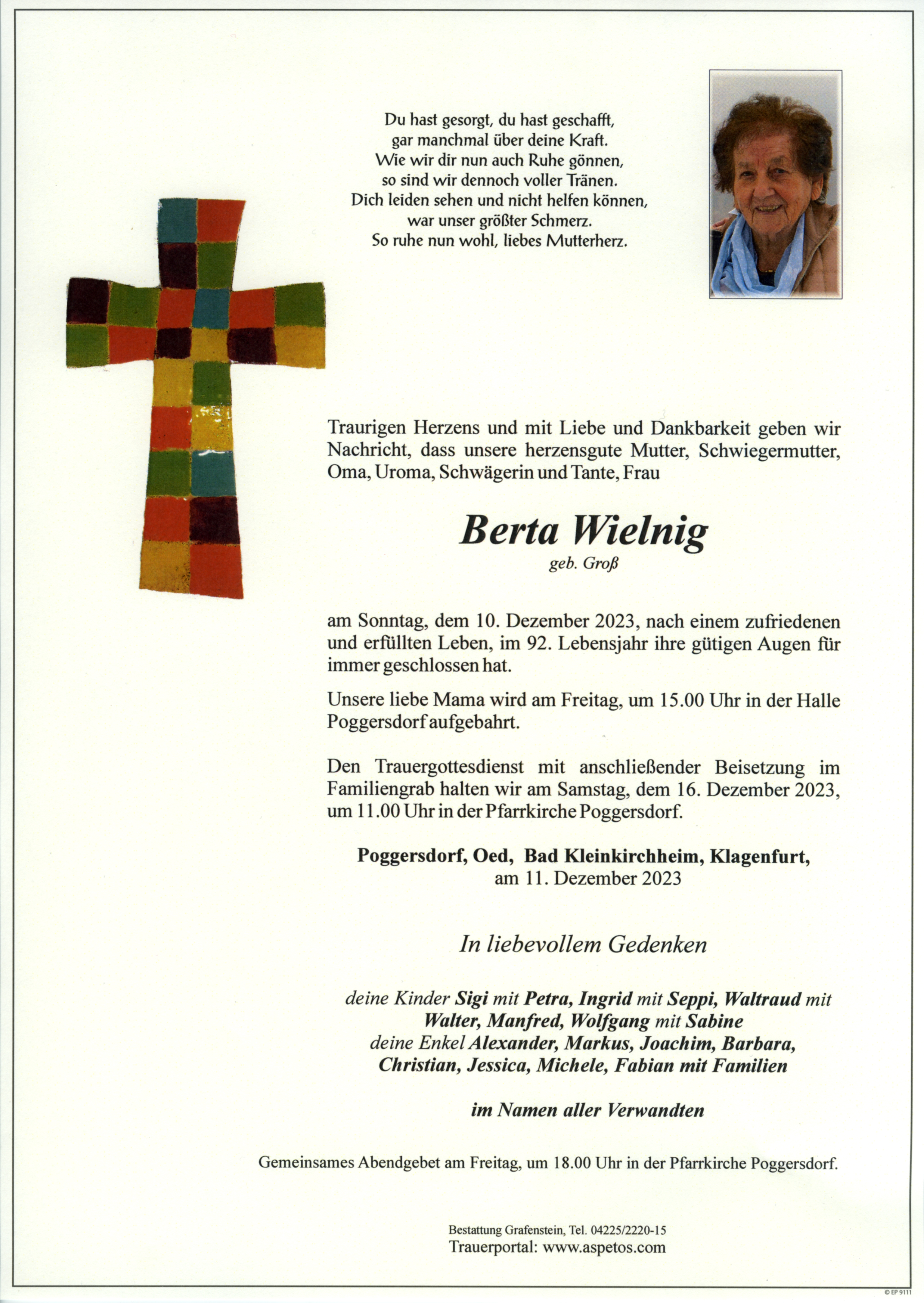 Traueranzeige von Berta Wielnig