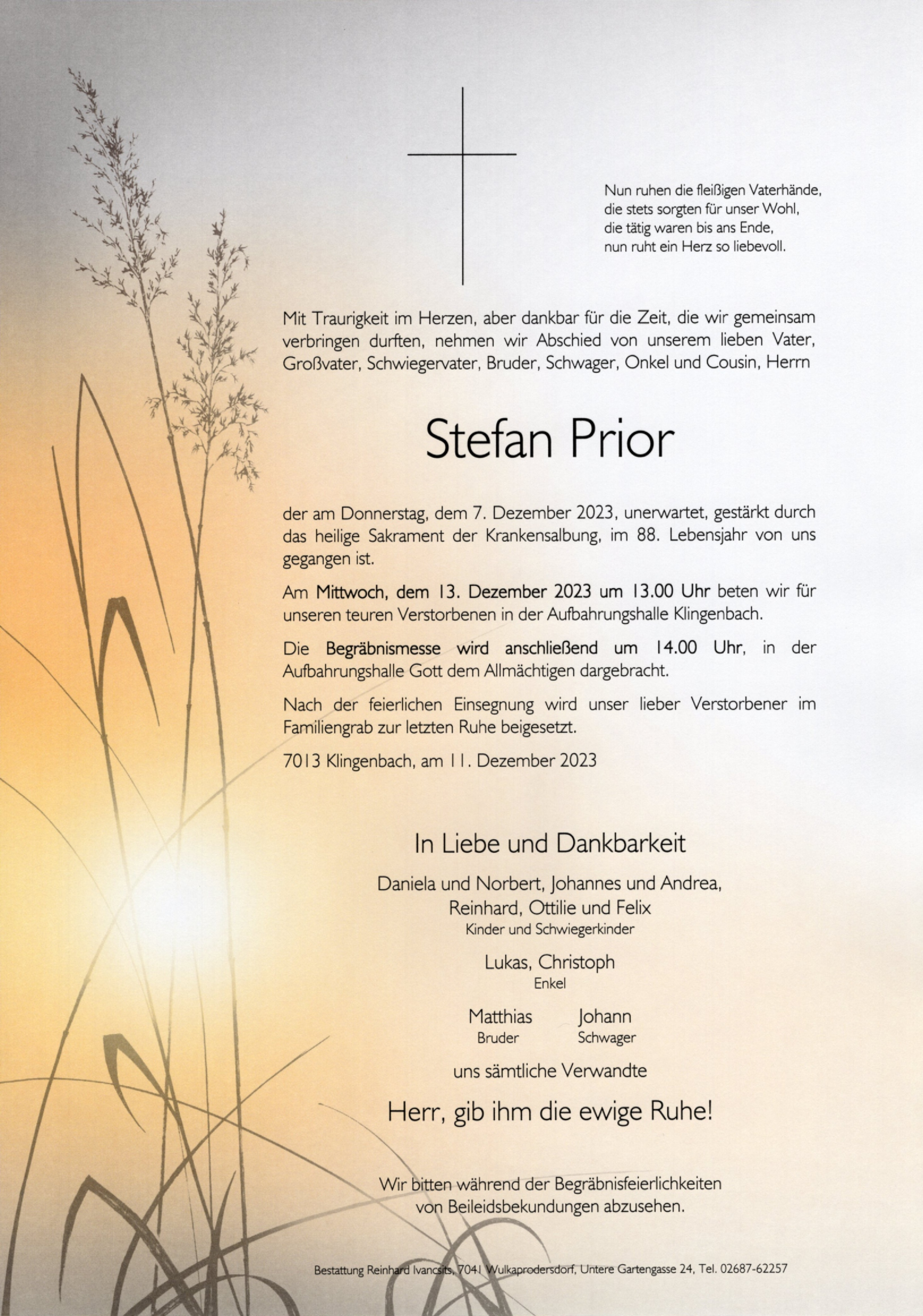 Traueranzeige von Prior Stefan
