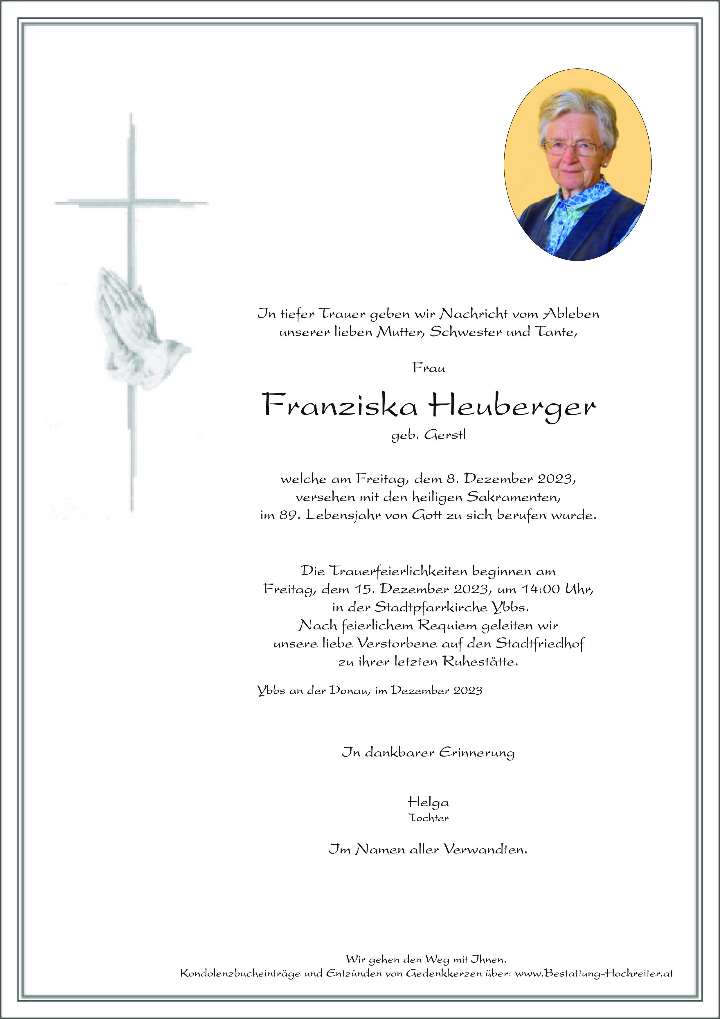 Traueranzeige von Franziska Heuberger