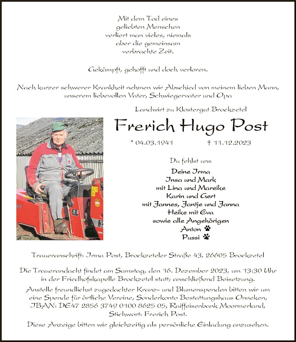 Traueranzeige von Frerich Hugo Post