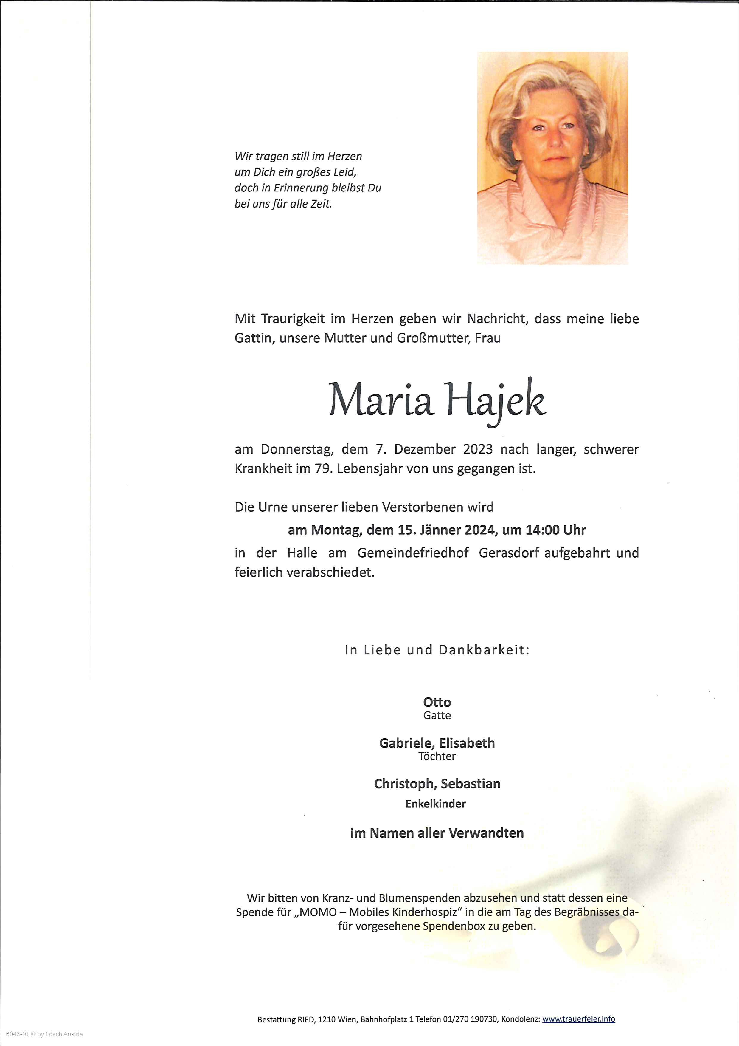 Traueranzeige von Maria Hajek