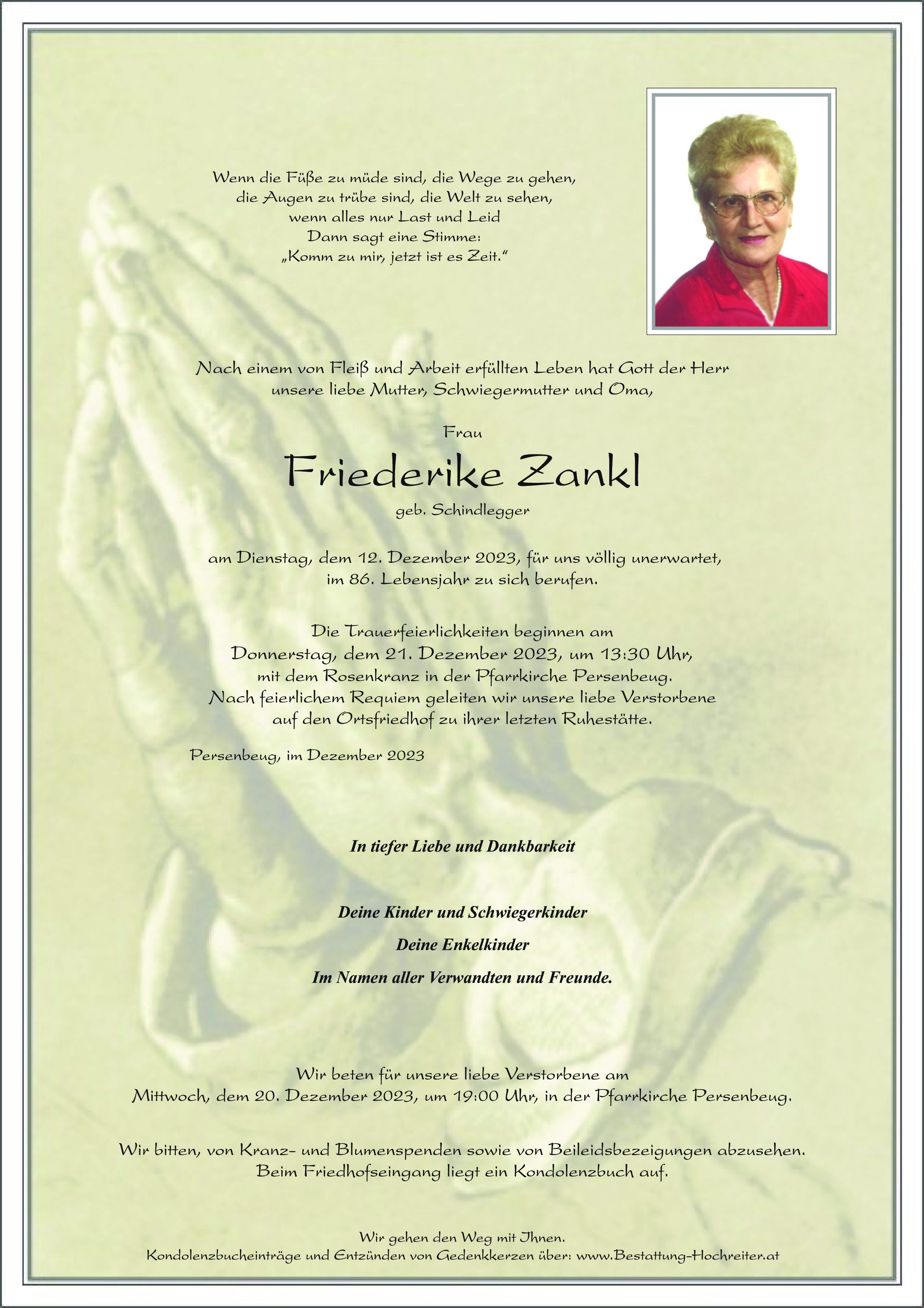 Traueranzeige von Friederike Zankl