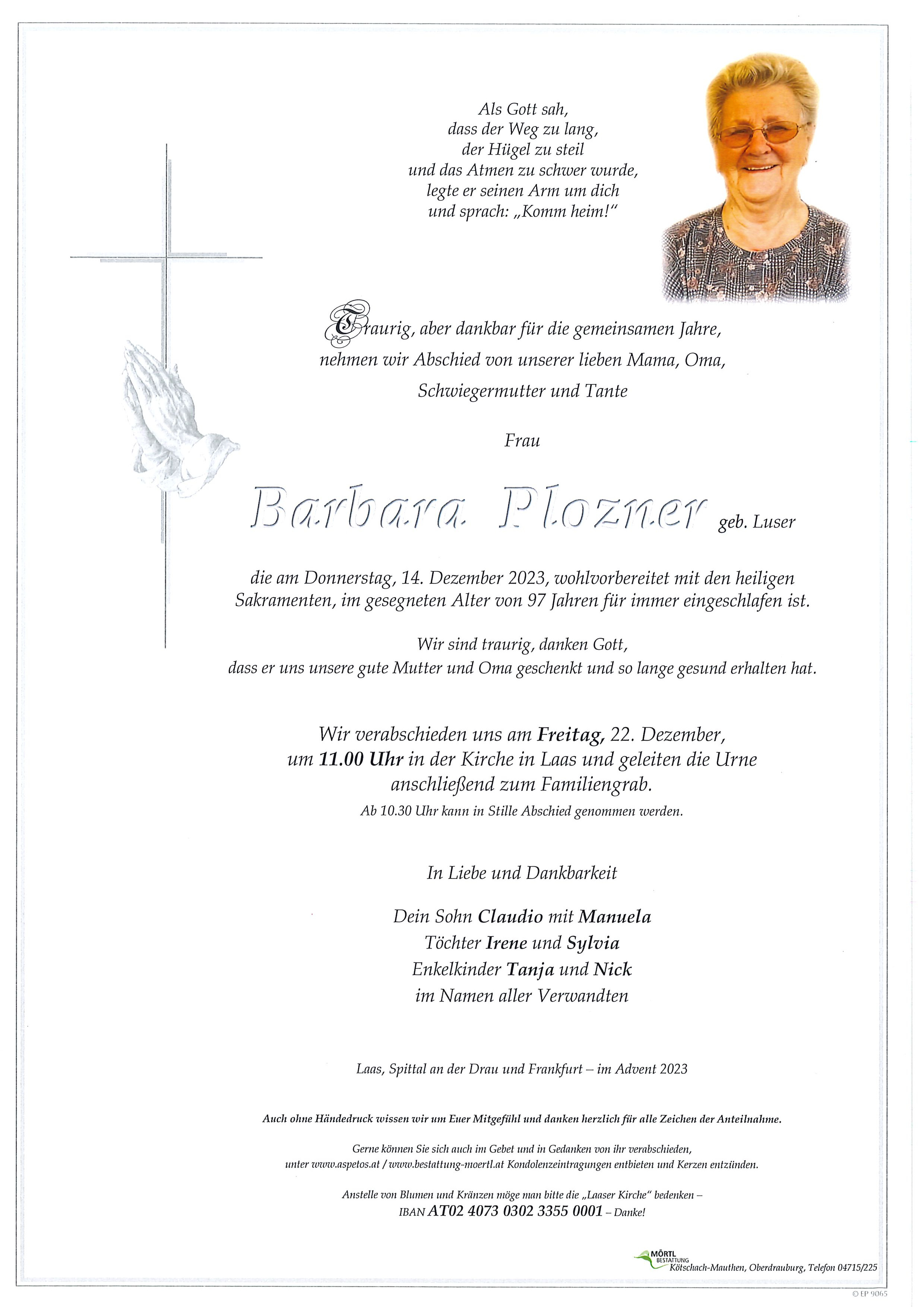 Traueranzeige von Barbara Plozner